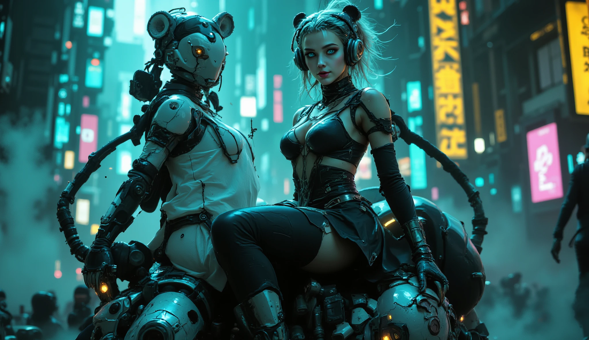 A athlete british girl in an eccentric dress and headdress is riding on the back of giant ccyborg panda robot, , , hyper-realistic sci-fi , polrosepunk, colorful costumes, machine age aesthetics, cyan and teal, acidwave, vaporwave, cyberpunk, volumetric lighting, higly detailed,