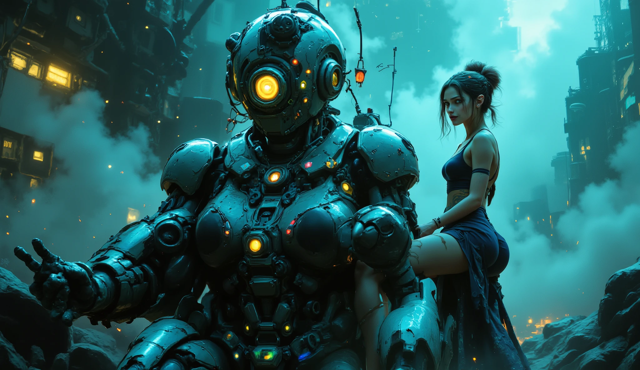 A athlete british girl in an eccentric dress and headdress is riding on the back of giant ccyborg panda robot, , , hyper-realistic sci-fi , polrosepunk, colorful costumes, machine age aesthetics, cyan and teal, acidwave, vaporwave, cyberpunk, volumetric lighting, higly detailed,