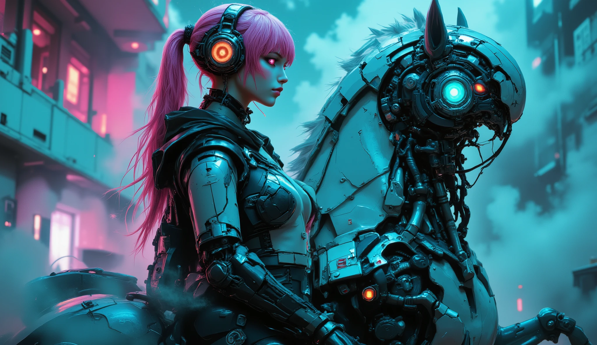 generate a side view of a female robot character with pink her, her bio mechanical system is side view riding a mechanical cat/horse, cyan and teal, acidwave, vaporwave, cyberpunk, volumetric lighting, higly detailed,