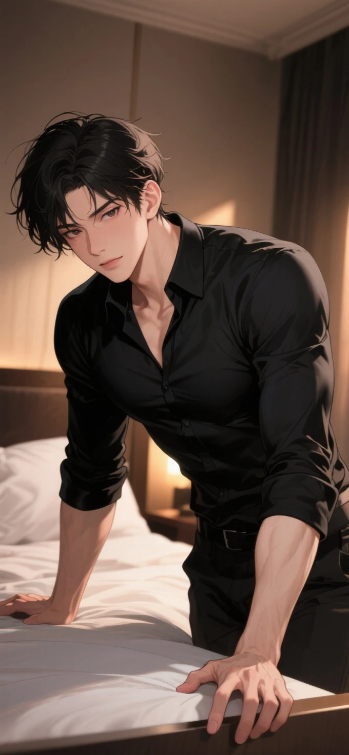 anime boy with black hair and black shirt smiling, tall anime guy with blue eyes, insane smile, anime portrait of a handsome man, young anime man, anime boy, anime handsome man, inspired by Okumura Togyu, inspired by Okumura Masanobu, artwork in the style of guweiz, anime boy lying on the bed with rose petals, wet body, bed, without any clothing except , high quality fanart, hot expression, Beast, at pixiv, official fanart, pixiv, detailed fanart, relaxing, levi ackerman, in in the bedroom, relaxing environment, relaxing mood, by Shingei, anime asthetic, relaxing concept art, wet anime boy, with rose petals on the bed, beautiful atmosphere, hot anime boy, cute, beautiful body art, hot pose, beautiful, pretty face, cute pretty face, big cute eyes, beautiful expression