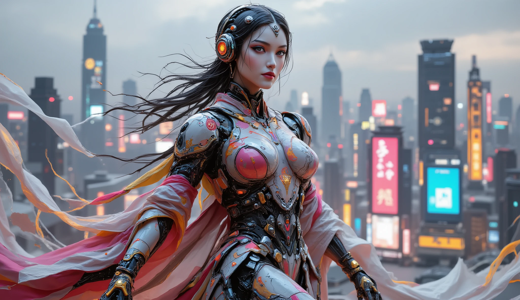 Hyper-realistic colored marble robot, dancing girl from the Han Dynasty of China wearing colorful clothes made of cloth and electronic components, 70% cloth, 30% electronic components, style similar to Michelangelo or Bernini, isolated on a solid background, strong color contrast, stylization, highest quality, future city in background