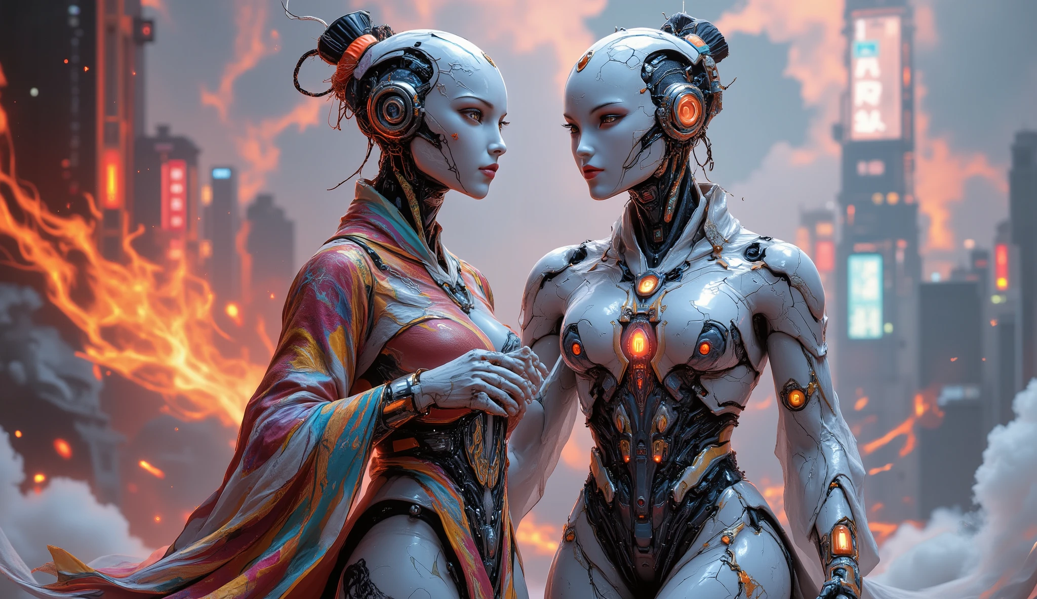 Hyper-realistic colored marble robot, dancing girl from the Han Dynasty of China wearing colorful clothes made of cloth and electronic components, 70% cloth, 30% electronic components, style similar to Michelangelo or Bernini, isolated on a solid background, strong color contrast, stylization, highest quality, future city in background