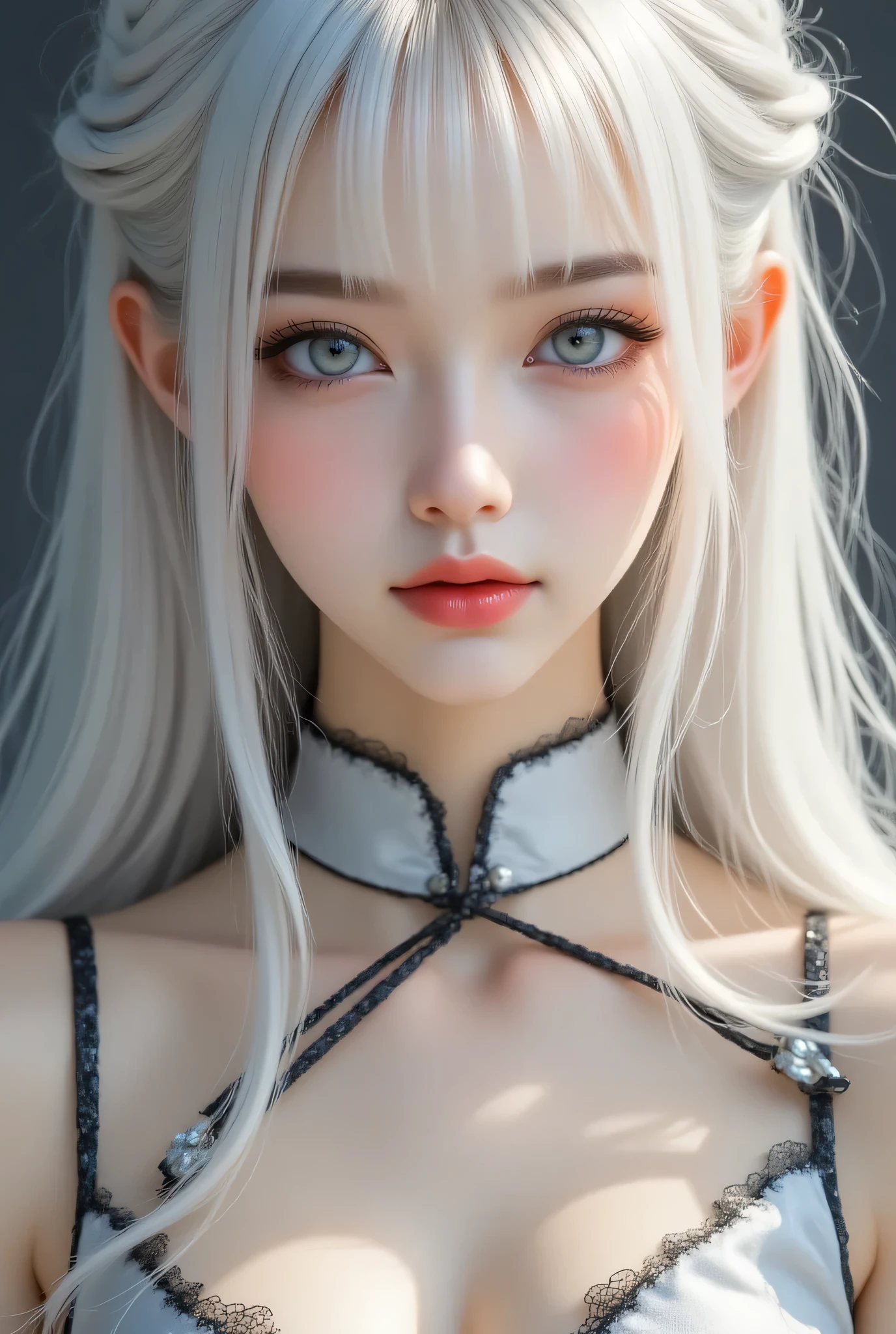 masterpiece, 1 beautiful girl , meticulous eyes , Purebred face_v1, top quality , Ultra high res, (Reality: 1.4), Japanese, Korean, very beautiful, Beautiful skin, slim, very sexy , (超Reality), ( high res), (8K), ( Very detailed), Delicate Face , bright light , Professional lighting,face lighting, watched the audience , Facing straight ahead, Bare Shoulders , Chinese Clothes , Feather Shawl, Chinese Clothes , cheongsam, black lace trim thigh socks,Tight-fitting breasts , big nipples protruding, long hair , Silver White Hair , Skirt with braided hair on the side , bangs,sit,See panties。