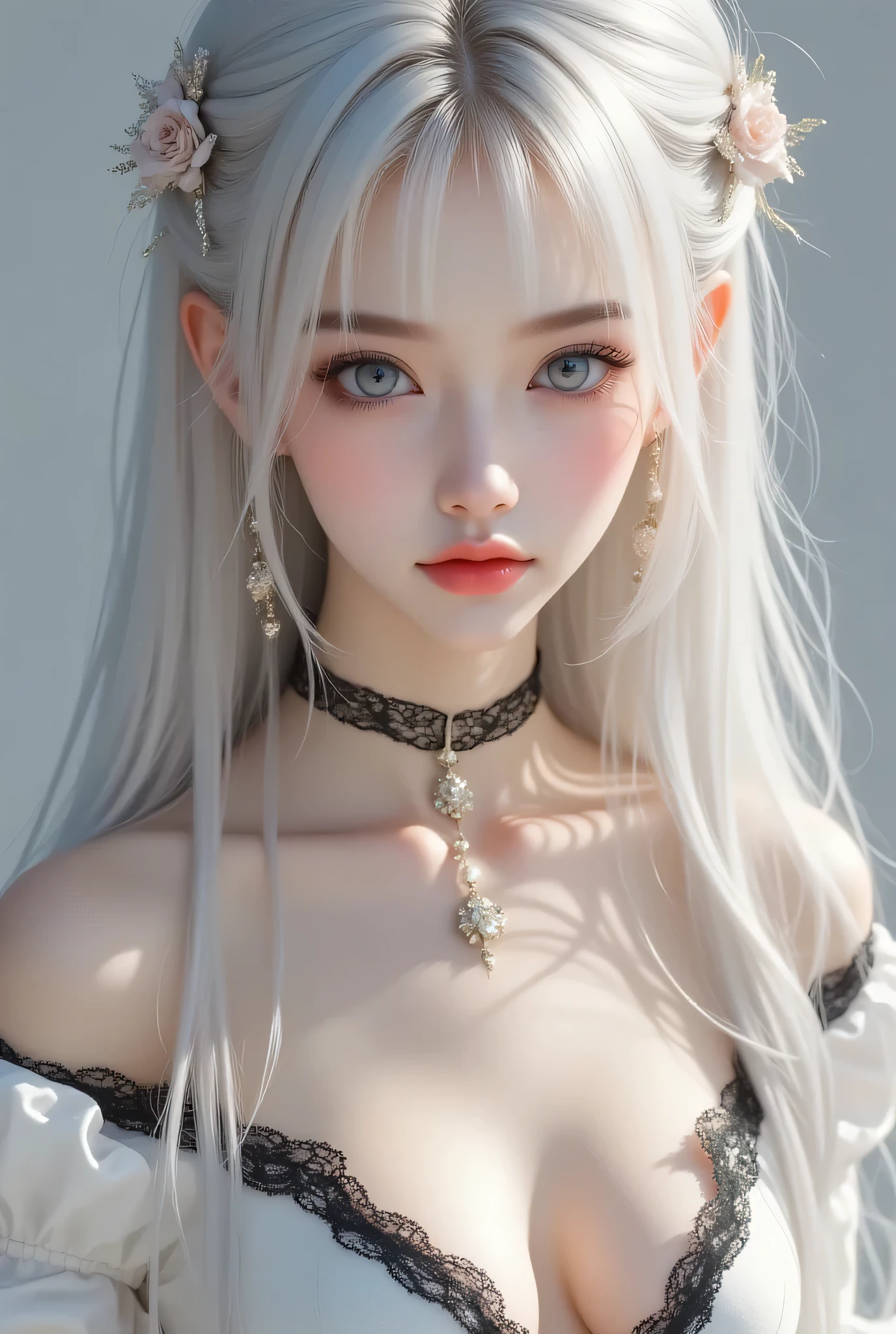 masterpiece, 1 beautiful girl , meticulous eyes , Purebred face_v1, top quality , Ultra high res, (Reality: 1.4), Japanese, Korean, very beautiful, Beautiful skin, slim, very sexy , (超Reality), ( high res), (8K), ( Very detailed), Delicate Face , bright light , Professional lighting,face lighting, watched the audience , Facing straight ahead, Bare Shoulders , Chinese Clothes , Feather Shawl, Chinese Clothes , cheongsam, black lace trim thigh socks,Tight-fitting breasts , big nipples protruding, long hair , Silver White Hair , Skirt with braided hair on the side , bangs,sit,See panties。