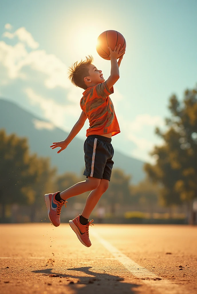 A vivid scene of a little boy jumping high trying to score a basketball ball, wearing a sports shirt and shorts. Hamas shines from his face, sunlight illuminates the field, his shadow is reflected on the ground