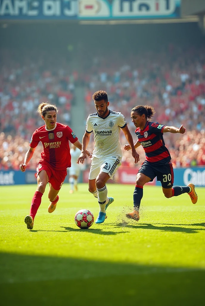 A dramatic shot of dribbling between players in the middle of the field, fans cheering in the background, fast movement of players, light reflections on the bright field, focus expressions on faces