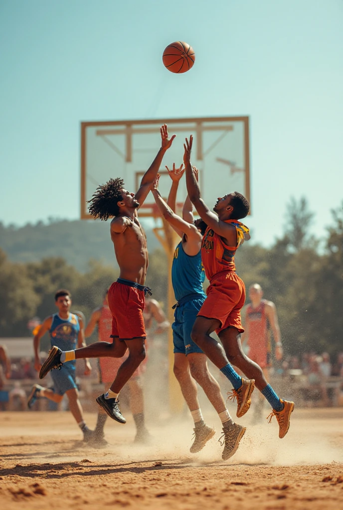A dynamic scene of a basketball match in an open field, players jumping high to take possession of the ball, dynamically moving sports bodies, colorful sportswear, sweat flying in the air, strong natural lighting