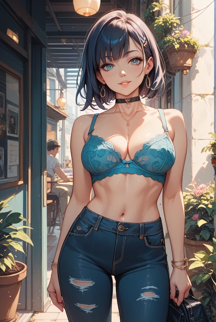 1girl, (masterpiece:1.2), highres, high quality, (perfect face and eyes:1.2), (textured skin:1.2), mermaid, bra, city, street, brown hair, short hair, jewelry, cute, dynamic angle