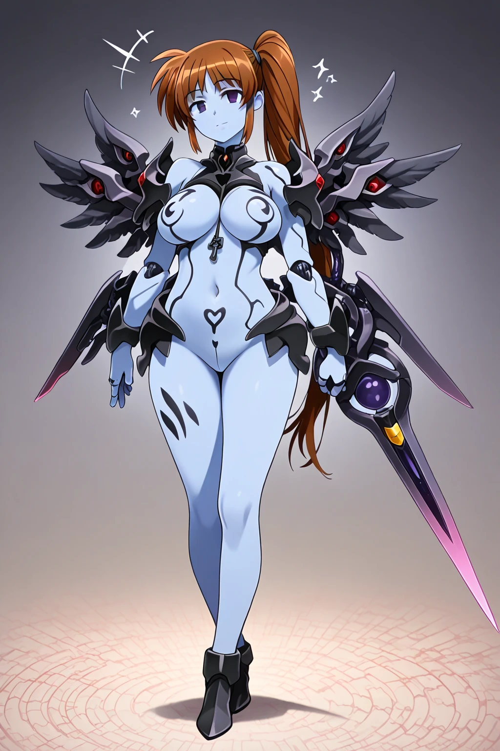 masterpiece, best quality,very aesthetic,absurdres
1girl<lora:vanea-illus-2:1> vanea, colored skin, , high heel boots, red eyes, sharp nails, shoulder armor
fullbody
sci-fi,indoors,cowboy shot,smile,looking at you,,metal walls,holograms ,  <lora:afrobull-guy90-Illust-Lycorisv1:1> afbul