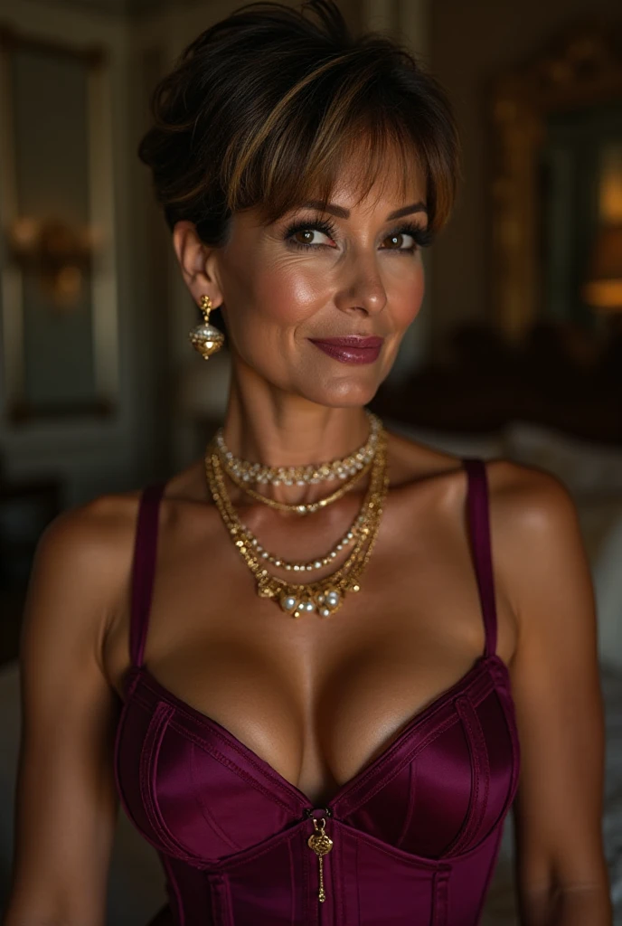 photo of a beautiful realistic woman, 8k, 60 years old, with full ???????, wearing a satin dress drinking a coffee