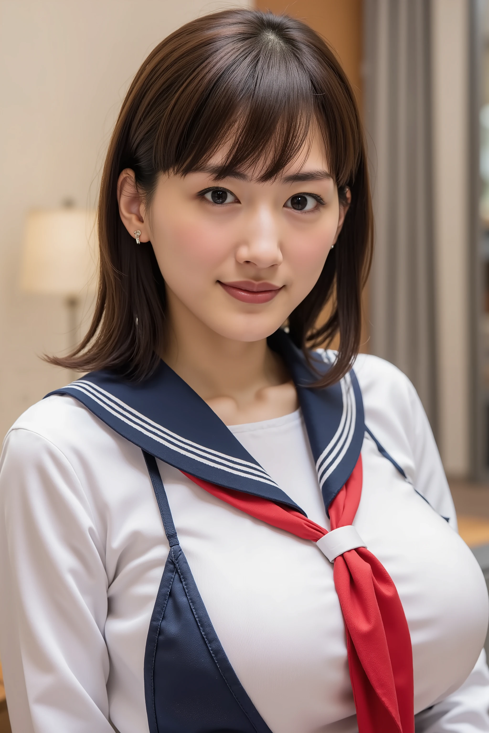 Wearing traditional Japanese uniform 、 body wrapped around the neck is covered in a sailor suit with a white collar and dark blue lines 、 wearing a dark blue pleated skirt、 red scarf、((((( The Girls on the Left:2.86))))),( masterpiece, Highest Quality:1.9),8k, Original photo ,nsfw, detailed skin,detailed pores, face,(((young face):1.7)),(( Young Body):1.6), reality, hotel room 、( slouches forward :1.67), BIG BREASTS、mini skirt, full body、Black hair wrapped around the neck、his forehead is hidden with bangs、twin tails