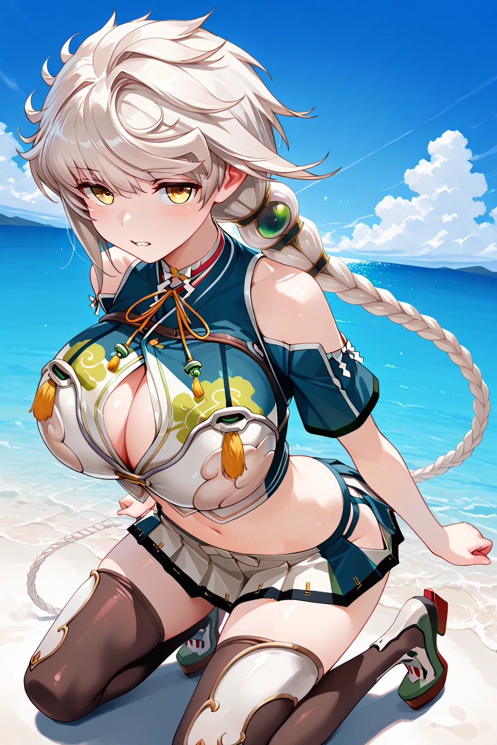 ((masterpiece, best quality;1.3)), ultra detailed,dutch angle,flexible,long hair,navel, blush, blonde hair,blue_bikini,white_single_thighhigh, gigantic breast, 2braids, formidableswim,perfect antomy, red eyes, bikini, purple bikini, 1girl, choker, red choker, blush, looking at viewer, Formidable \(azur lane\), Formidable \(The Lady of the Beach\) \(azur lane\), solo, dishwasher1910, <lora:dishwasher1910Style_v10:0.8> <lora:formidableAzurLaneSwimsuit_v104:0.8>