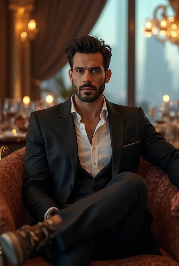 Create the image of a charismatic 35-year-old man with a hybrid of ...