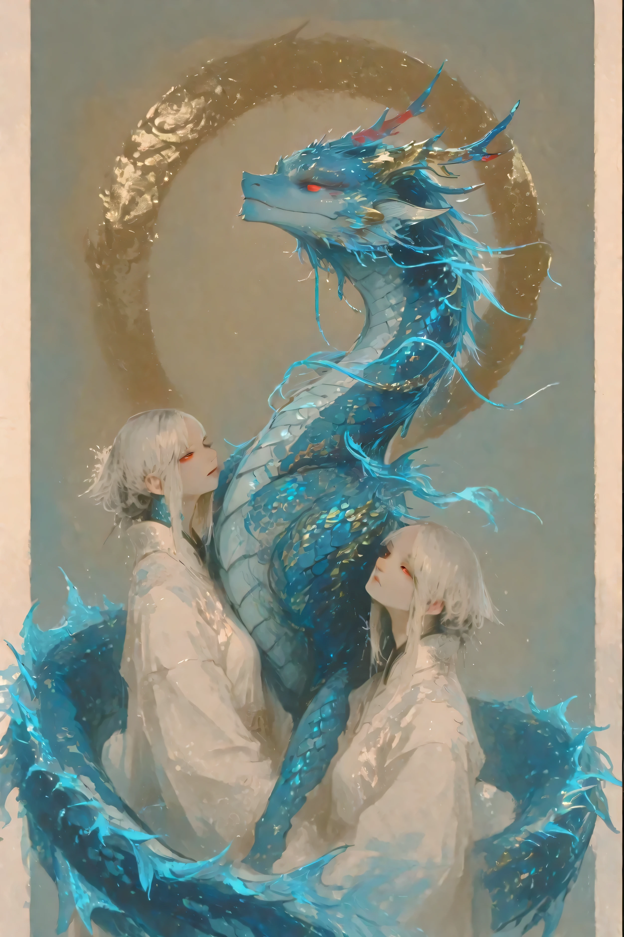 A serene Chinese-style dragon with sapphire-blue shimmering scales and ruby-red eyes, semi-realistic style. A young woman gently leans against the azure dragon, evoking calmness and harmony. Inspired by Japanese Bijin-ga (beautiful women paintings). Soft contrast, muted tones, minimalist background, elegant composition, semi-realistic yet painterly atmosphere.