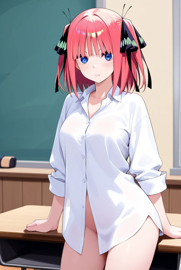 ninonakano, <lora:ninonakanospecial-lora-nochekaiser:1>, nino nakano, long hair, bangs, blue eyes, hair ornament, hair ribbon, pink hair, blunt bangs, two side up, butterfly hair ornament,, BREAK <lora:Covered erect nipples 1024Reg-000032:1>, (covered erect nipples:1.5), school uniform,, BREAK looking at viewer, (cowboy shot:1.5),, BREAK indoors, classroom,, BREAK <lyco:GoodHands-beta2:1>, (masterpiece:1.2), best quality, high resolution, unity 8k wallpaper, (illustration:0.8), (beautiful detailed eyes:1.6), extremely detailed face, perfect lighting, extremely detailed CG, (perfect hands, perfect anatomy),