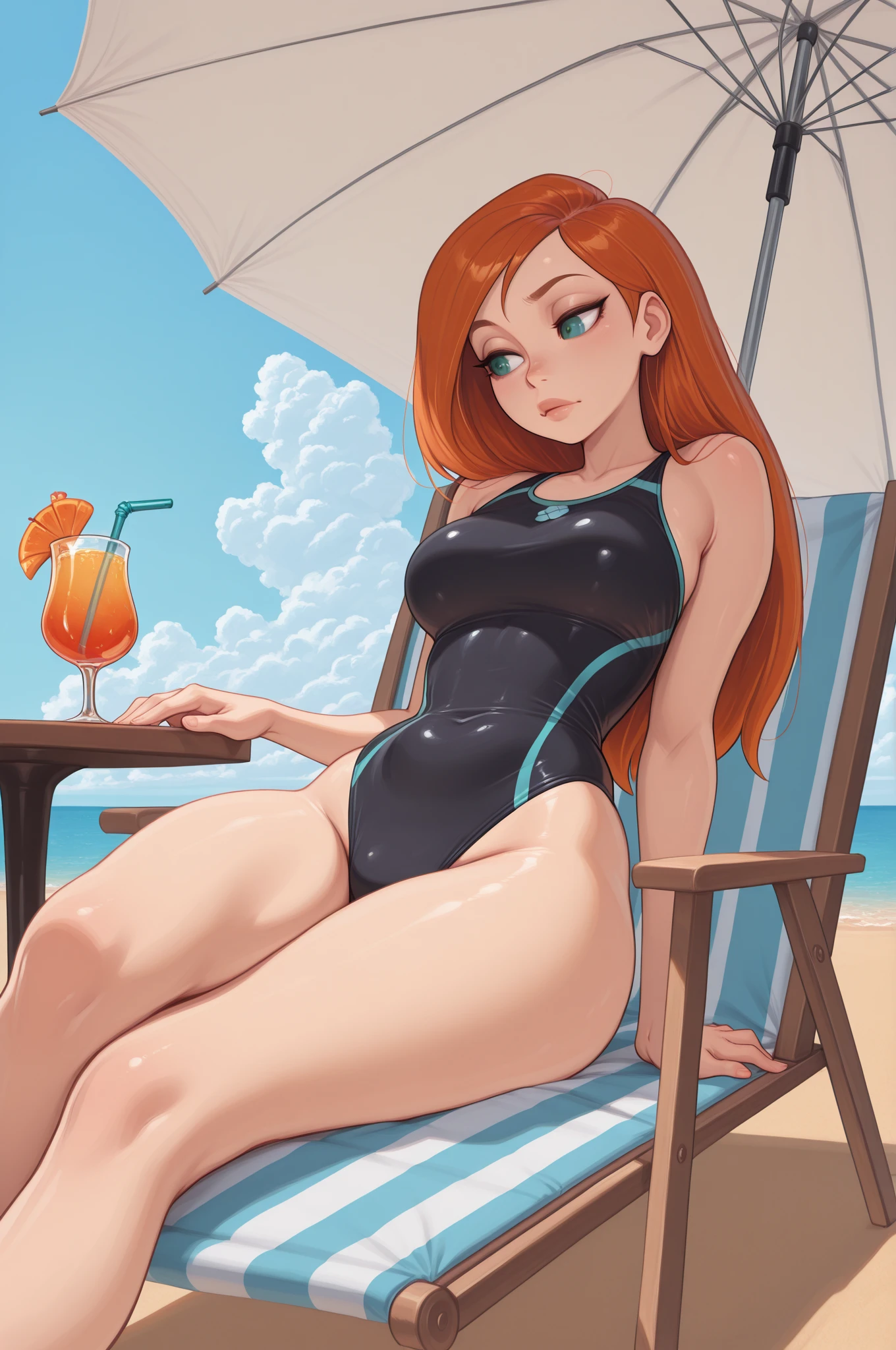 mature female sitting on chair at beach, long red hair, slicked back hair, body freckles, freckles, one piece swimsuit, white swimwear, large breasts, tan skin BREAK score_9, score_8_up, score_7_up, score_6_up, score_5_up, score_4_up, <lora:KajinmanXL:1>