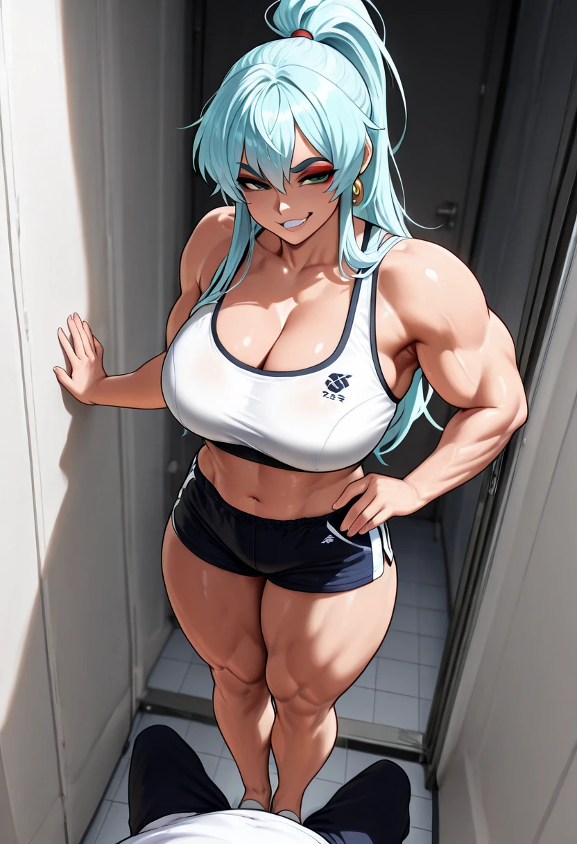 Perfect CG unity 8K UHD wallpaper(girl huge  cleavage showing bodybuilder muscular very toned body, pale skin, long blue colored hair in pigtails, vibrant glowing orange eyes, long detailed eyelashes) smiling  seductive facial expression, blushing, thick thighs, standing in a dynamic pose, wearing school girl uniform and white knee socks, in a classroom, perfect masterpiece, best quality, best resolution, ((())), ((long legs)), ((Female Bodybuilder)), ((((Muscular Legs)))), ((((Huge Muscles))))