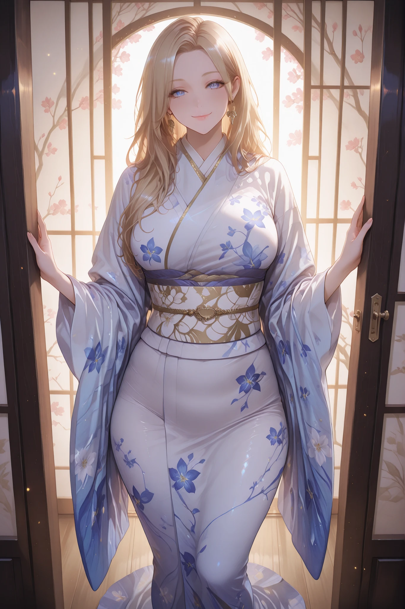 masterpiece, high quality, ultra-detailed 1 woman, solo, mature blonde beauty, thick wavy golden hair, alluring face, plump glossy lips, striking blue eyes with depth, long eyelashes, defined cheekbones, light natural makeup, age 35-40, confident aura voluptuous hourglass figure, curvy body type, large natural breasts, wide hips, thick thighs, full feminine proportions, soft skin texture traditional silk kimono, deep red with gold accents, cherry blossom pattern, tight-fitting around curves, accentuating body shape, slightly straining at chest, wide decorative obi sash emphasizing waist, proper length standing pose, close-up shot showing full body, slight hip sway, confident posture, direct eye contact, warm smile indoor setting, traditional Japanese room, wooden panels, paper screen doors, warm ambient lighting, soft shadows photorealistic style, sharp focus, clear details, subtle depth of field, 8k resolution negative: anime style, cartoon, unrealistic, bad anatomy, deformities, blurry, bad proportions, extra limbs, poorly drawn hands, bad face, unnatural skin, artificial effects