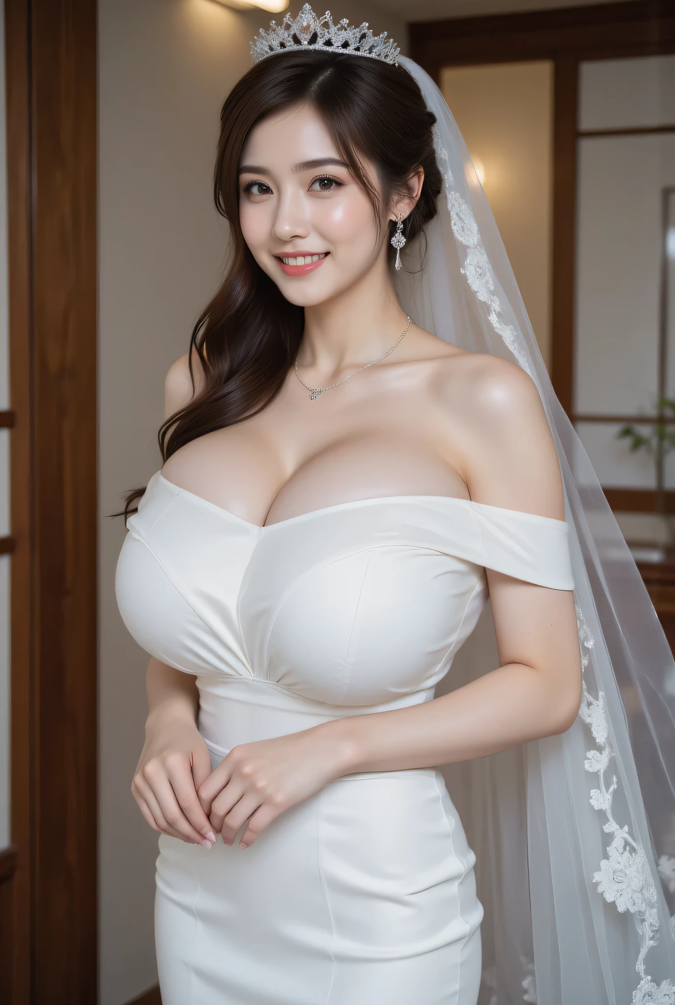 (incredible big breasts:10000000000000000000000000000000000000), (Huge Breast:1000000000000000000000000000000000000000000000), wedding hall, (tight dress:100000), Tight Dress That Highlights Her Body Line, Smiling Woman, Tight One Piece Dress, NO EXTRA ARMS, (tight strapless wedding dress :10000000000), (Tight Off-Shoulder Dress:100000),(tight tube wedding dress:1000000000000), (silk dress: 1.2 ), 1girl, (large bridal veil: 10000000000), gem, earrings, long hair at Boro-Yado, solo, Heart shaped, necklace, lips,BIG BREASTS, dark haired, smile, heart necklace, brown hair, brown eyes, realistic, (BIG BREASTS :10.0), celebrity, (glossy hair split evenly on the left and right and hangs naturally along her cheeks:100000000), (Standing figure with hands lowered naturally:10000), Relaxed Pose with Arms Naturally Lowered, Natural Standing with Hands, Close up of a beautiful bride in a beautiful wedding dress with long, slim woman, slender woman, celebrity, Princess Elegance, Beautiful woman, beautiful woman, ((White Wedding Dress:10000)),  (big veil:100000000000), (Giant Chest:10000000000000000000000000000000000), (BIG BREASTS:10000000000000), Smiling Woman, Smiling woman showing her teeth, very thin waist, thin legs,no hair tied, (very big breasts:1000000000000000000000000), woman with long hair, Chest protruding forward, Standing Chest, BIG BREASTS, (unbelievably big boobs:10000000000000000000000000000000000000000), (big boobs:10000000000000000000000000000000000000000000000000), her breasts are bigger than her face, stick out the chest,   BEAUTIFULLY SHAPED BREASTS、big , (slender body:100),(big boobs:1000000000000000000000000000000000000000000000000000000000000000000000000000000000000000000000000000000000000000000000000000000000000000000000000000000000000000000000000000000000000000000000000000),Breasts that seem to spill out of the dress, (big boobs:100000000000000000000000000000000000000000000000000000000000000000000000000000000000000000000000000000000000000000000000000000000000000000000000000000000),big boobs、Very big boobs、unbelievably big boobs, (big fake breasts:10000000000000000000000000000000000000000000000000000), standing chest, (Breasts are bigger than faces:100000), Round Chest Like a Ball, (extremely big breasts:100000000000000), (Separated Breasts  :1000),No extra arms