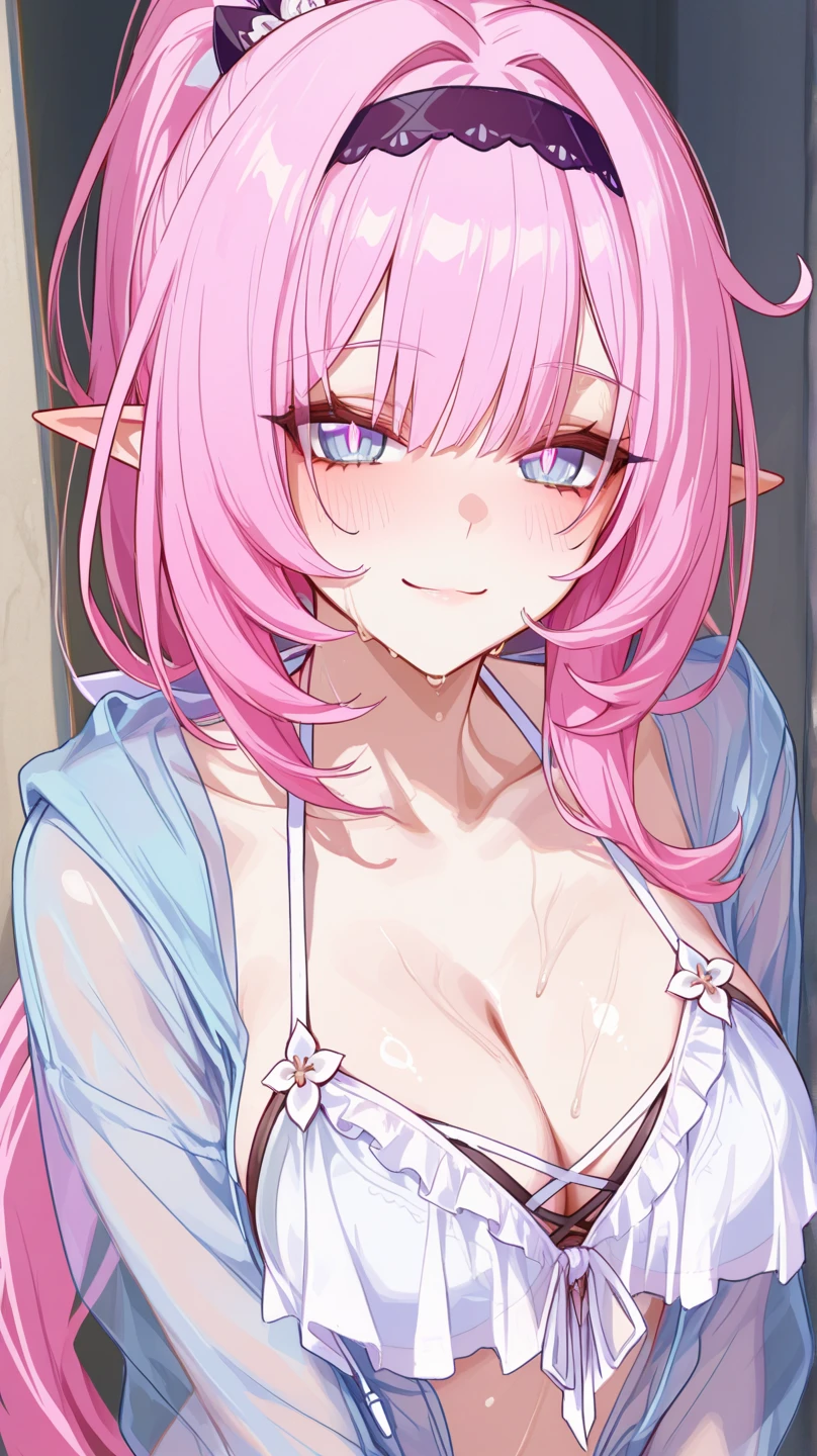 masterpiece, best quality, <lora:frengXL_V1:1> 1girl, solo, breasts, cleavage, long hair, fang, pink hair, smile, looking at viewer, blue eyes, upper body, bare shoulders, open mouth, shirt, off shoulder, pointy ears, large breasts, open clothes, white shirt, white background, :d, skin fang, horns, simple background, hair between eyes, collarbone, camisole, twintails, blush, open shirt