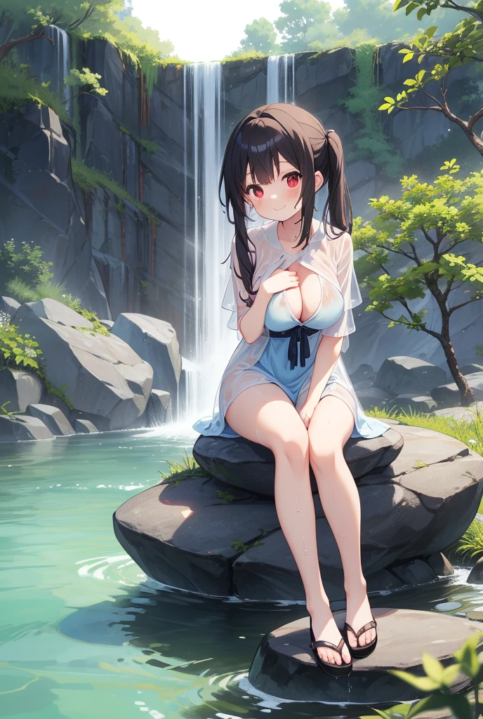 1girl, solo, rural landscape, village, trees, sun, water stream, clouds, fantasy, brown hair, , , white dress, ((short dress)), silver high heels, cleavage 1:3, elegant white hat, brown eyes, smile, looking at the viewer, sitting on a stone, golden necklate