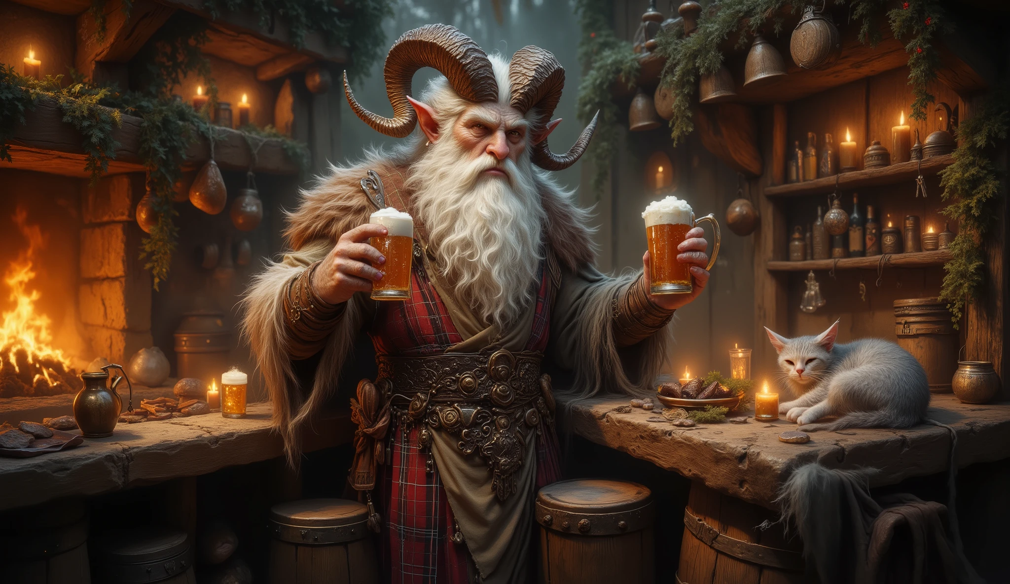 Cozy portrait in 16:9 of the tavern faun in his element, Corpulent and fatherly, behind an antique wooden counter polished by use. Your plaid apron has stains of Beer that tells stories of a thousand happy gifts, decorated with a cloth From a hanging plate and a bunch of old keys. His snowy coat shines under the warm light of the candles, as he raises a sparkling mug with one hand and gesticulates a story with the other. Ao fundo, a fireplace crackles happily, making the ice crystals on your horns twinkle like stars. The tavern is decorated with garlands of ice flowers, hanging mugs shine like treasures, and a fat, furry cat sleeps on one of the barrels