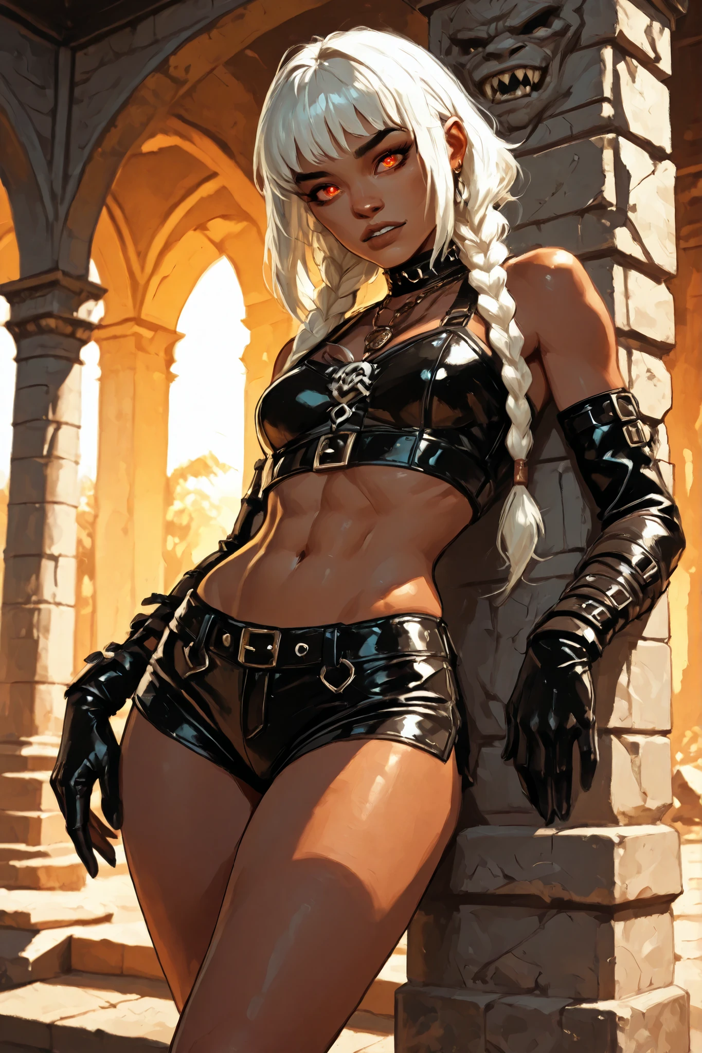 Drawn like the artist Bob Kehl. Phaedra from Fortnite with white and dark hair, deep red-coloured eyes, slanted big eyes, with sharp teeth, athletic body and abs. Slender and athletic. Cute, round and young face. White highlights in her hair. She wears Aztec black snake-leather dress with snakeskin-texture. She also wears an amber necklace. She has small . Atmospheric lighting. She looks like Wednesday Adams. Box-art. DnD-art-style, Looking at the viewer. Oil painting. Sepia filter. Less colour. Semi-realistic style.