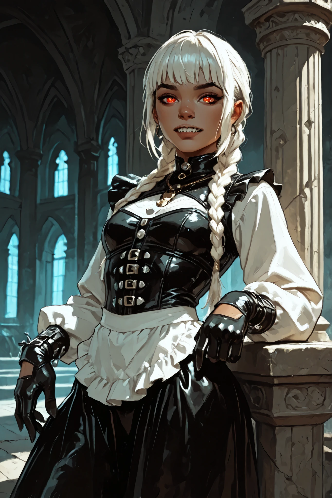 Drawn like the artist Bob Kehl. Phaedra from Fortnite with white and dark hair, deep red-coloured eyes, slanted big eyes, with sharp teeth, athletic body and abs. Slender and athletic. Cute, round and young face. White highlights in her hair. She wears Aztec black snake-leather dress with snakeskin-texture. She also wears an amber necklace. She has small . Atmospheric lighting. She looks like Wednesday Adams. Box-art. DnD-art-style, Looking at the viewer. Oil painting. Sepia filter. Less colour. Semi-realistic style.