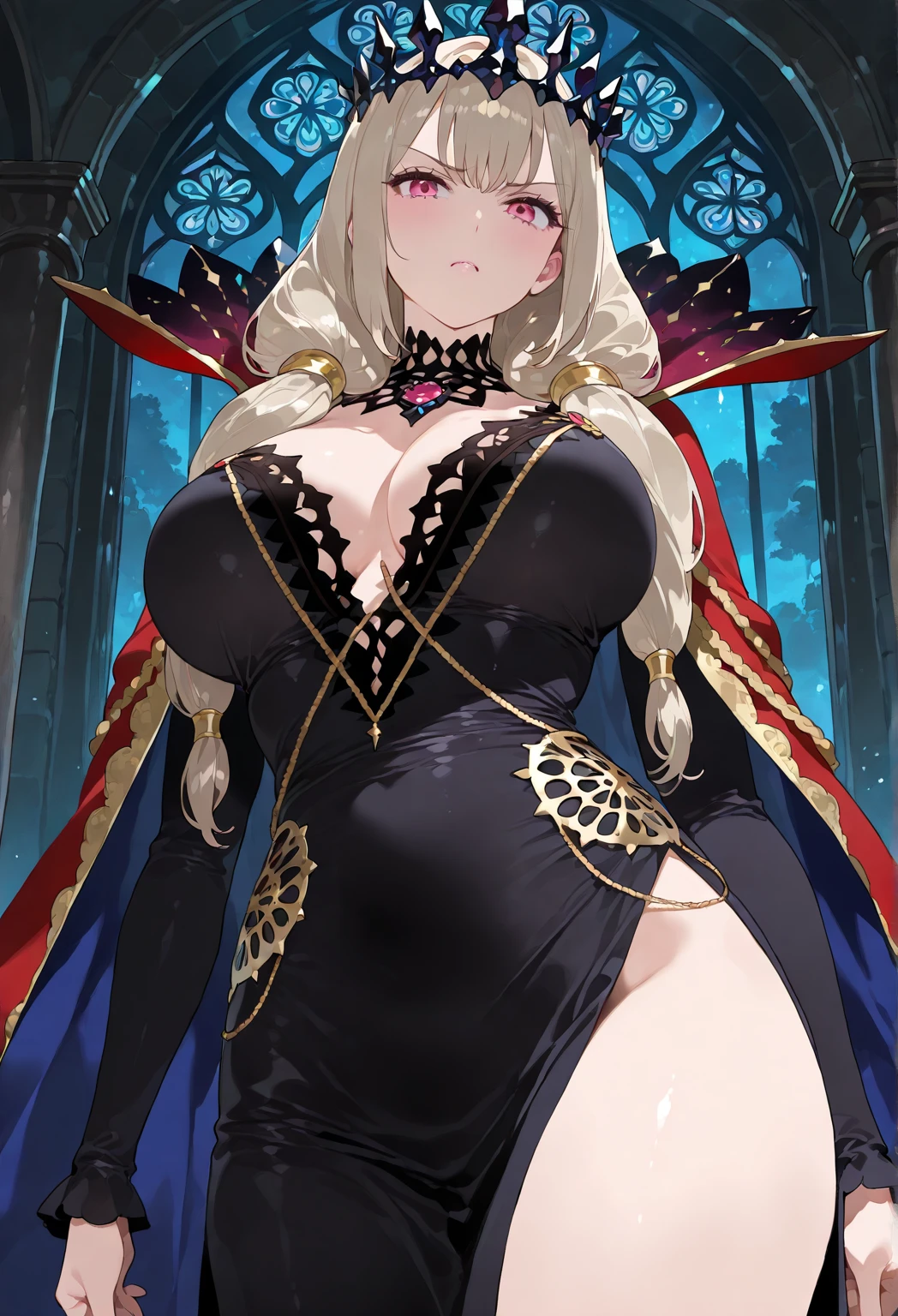 score_9, score_8_up, score_7_up, source_anime BREAK 1girl, solo, looking at viewer, upper body, <lora:Barghest_Sdxl:0.8>, <lora:BreakingGlassXLPDCAME:1>, IncrsXLBrknGls, Barghest_SecondAsc, platinum blonde hair, wavy hair, sidelocks, crossed bangs, very long hair, heterochromia, glowing eyes, black dress, collar, necklace, jewelry, earrings, sleeveless dress, pelvic curtain, black pantyhose, elbow gloves, black gloves, bare shoulders, night, castle, stone, moon, toned, large breasts,sideboob,