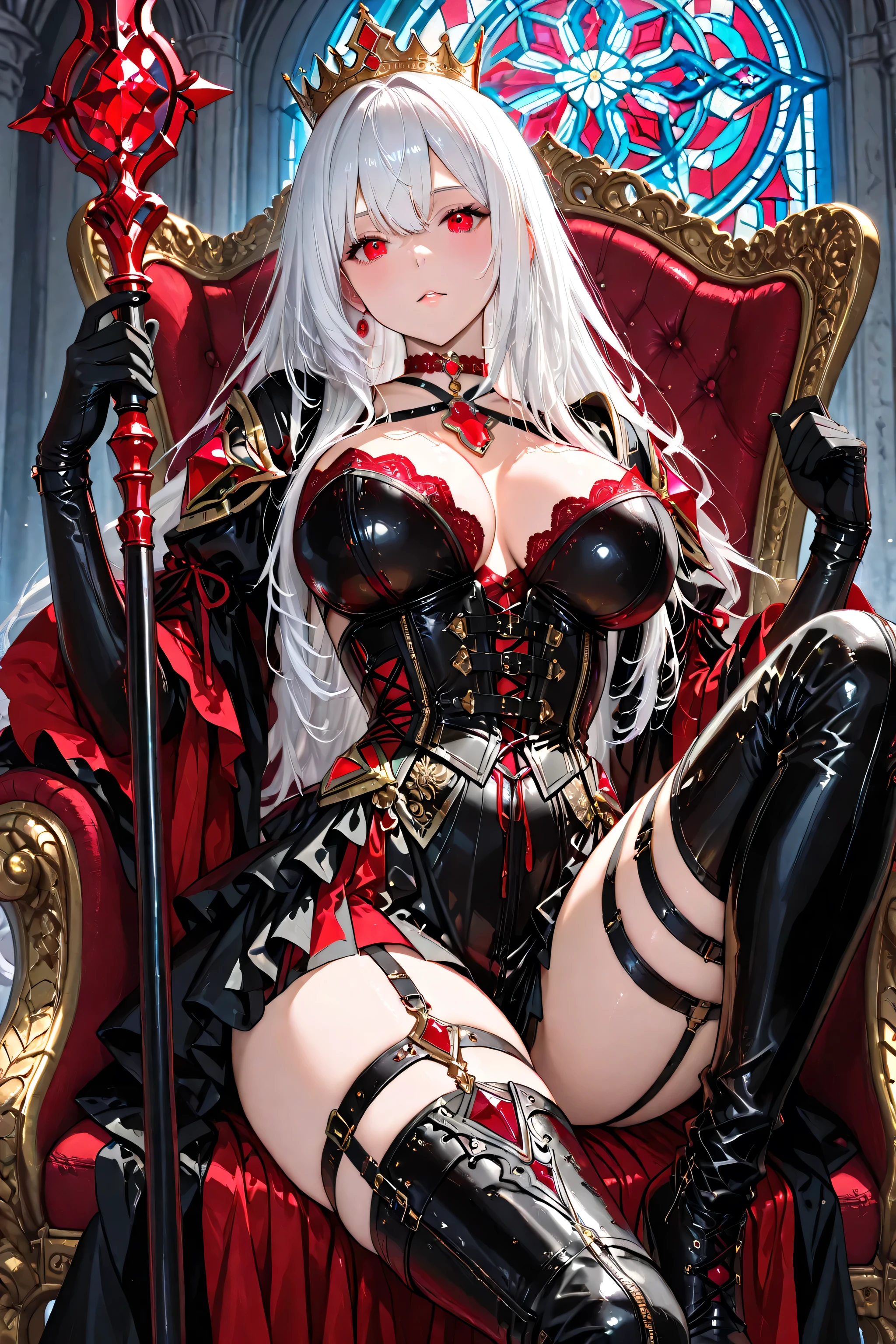 Highest Quality、high image quality、masterpiece、big boobs、Marble Throne Room、Light red inserted through broken stained glass light、Holding the Scepter with Blood in Front of the Throne／cold-hearted gaze、The King's Guard Has Fallen、Gold and Crimson Banners Split and Flip、Black x Crimson Bustier Dress（Velvet Style）、gold embroidery、long train、Black Race Gloves、Garter Style Armor、Red Jewel Choker、black leather long boots、Crown Is Oblique、cute