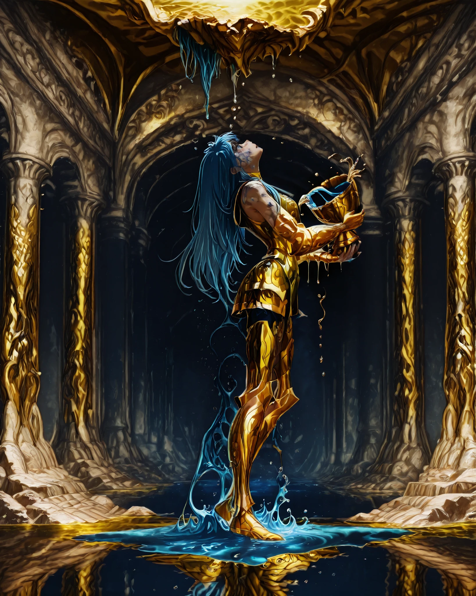 side angle, (masterpiece, best quality, 4k, anime illustration, dark fantasy, horror, cinematic lighting), {1woman}:(beautiful and attractive mystical woman with long blue hair floating like liquid, golden water bearer armor molded with very detailed fluid patterns, holding a broken vase spilling a black/dirty liquid, standing in a submerged temple), lighting coming from the ceiling through an opening, perfect shadows