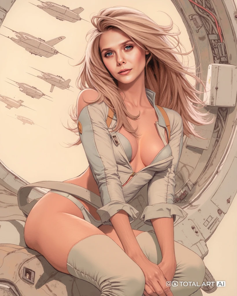 Kari Wuhrer, masterpiece, white leotard, full body shot,  cleavage, gorgeous woman, clone, barcode, blonde, slave collar, tight clothes,  sleek futuristic outfit