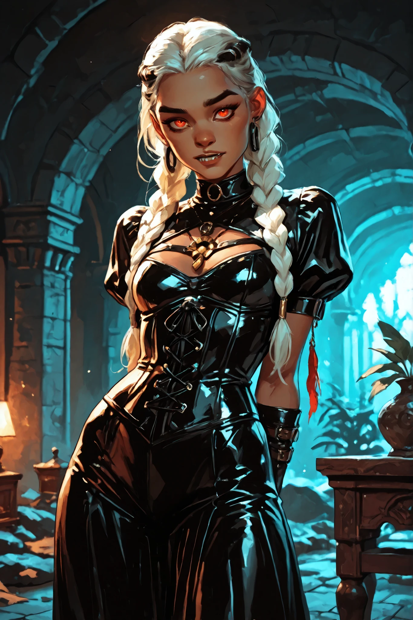 Drawn like the artist Bob Kehl. Phaedra from Fortnite with white and dark hair, deep red-coloured eyes, slanted big eyes, with sharp teeth, athletic body and abs. Slender and athletic. Cute, round and young face. White highlights in her hair. She wears Aztec black snake-leather dress with snakeskin-texture. She also wears an amber necklace. She has small . Atmospheric lighting. She looks like Wednesday Adams. Box-art. DnD-art-style, Looking at the viewer. Oil painting. Sepia filter. Less colour. Semi-realistic style.