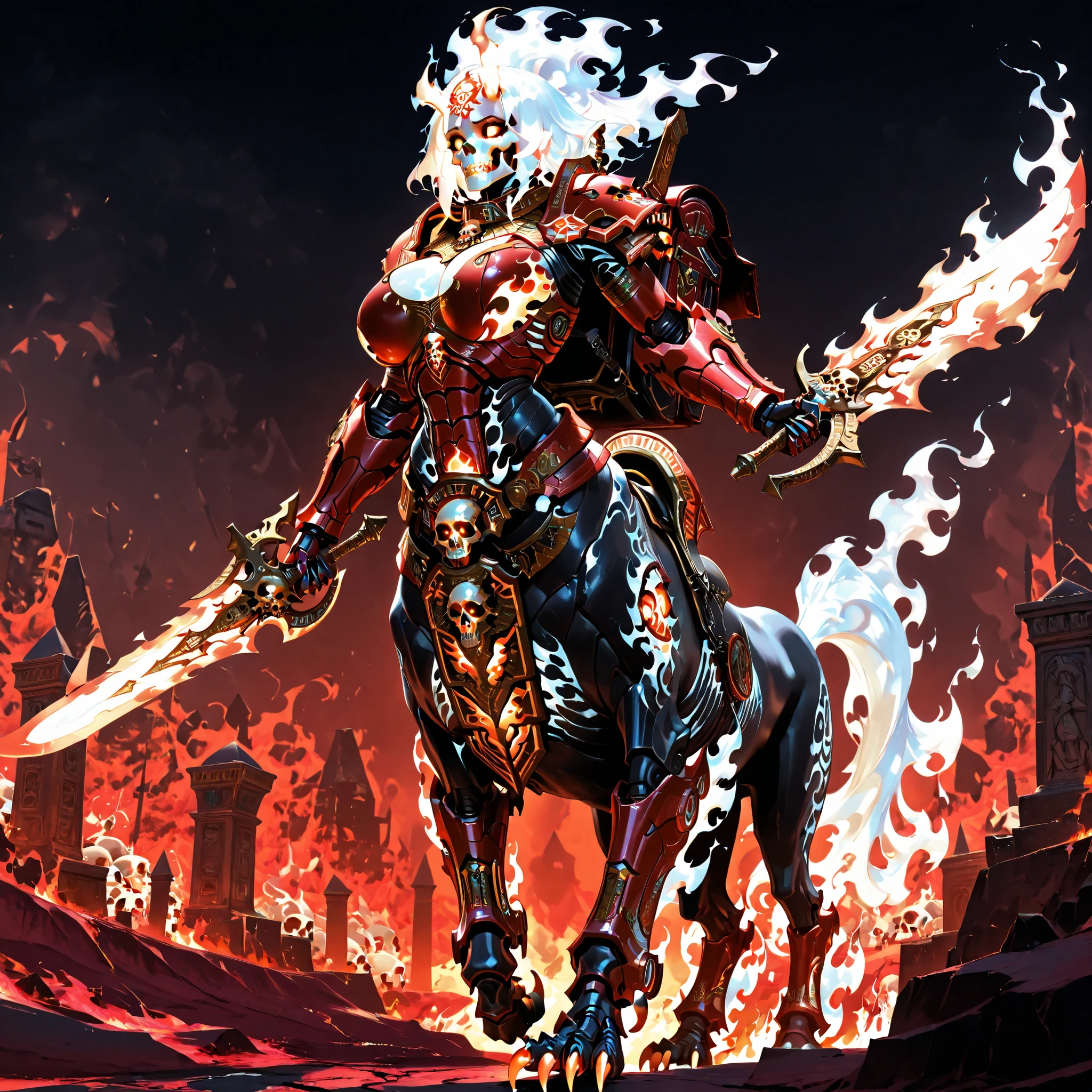 (ultra quality:1.3), masterpiece, (highly detailed), HDR, 1girl, solo, necrosphinx, centaur body, burning white flame skull, long white fire hair, red power armor, big breasts, large chest plate with skull decoration, large shoulders, power backpack, one hand is large claws with long talons other hand hold power sword, red fire wasteland background, close up image