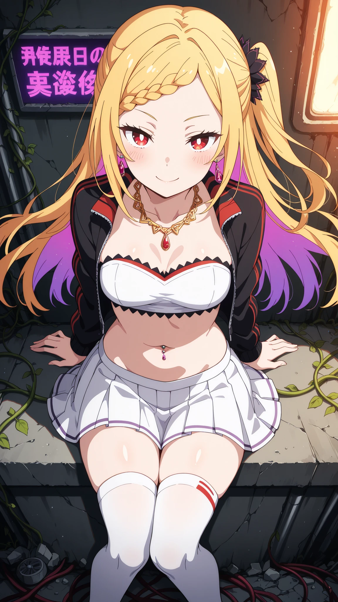 BREAK (masterpiece:1.2), best quality, high resolution, unity 8k wallpaper, (illustration:0.8), (beautiful detailed eyes:1.6),Abandoned highway swallowed by giant flowers,
plants glowing in ultraviolet tones,
billboards covered in vines but still pulsing faintly,
concrete cracked open by roots with neon veins,
a blend of nature and neon decay, no people,blush, seductive expression,priscilla barielle, long hair, blonde hair, red eyes, braid, single braid, braided bangs, one side up, medium breasts, bright pupils, white pupils,hair ornament,jewelry,earrings,necklace,short top,navel,navel piercing,white top,strapless top,sport team jacket,open jacket,black jacket,pleated skirt,white skirt,white thighhighs socks,сowboy shot,looking at viewer,floaiting skirt,floating hair,sitting sensually, suggestive posture, leaning back with hands behind, alluring body curves, soft expression,intimate atmosphere, warm lighting, ultra detailed, 4k,from above,smile