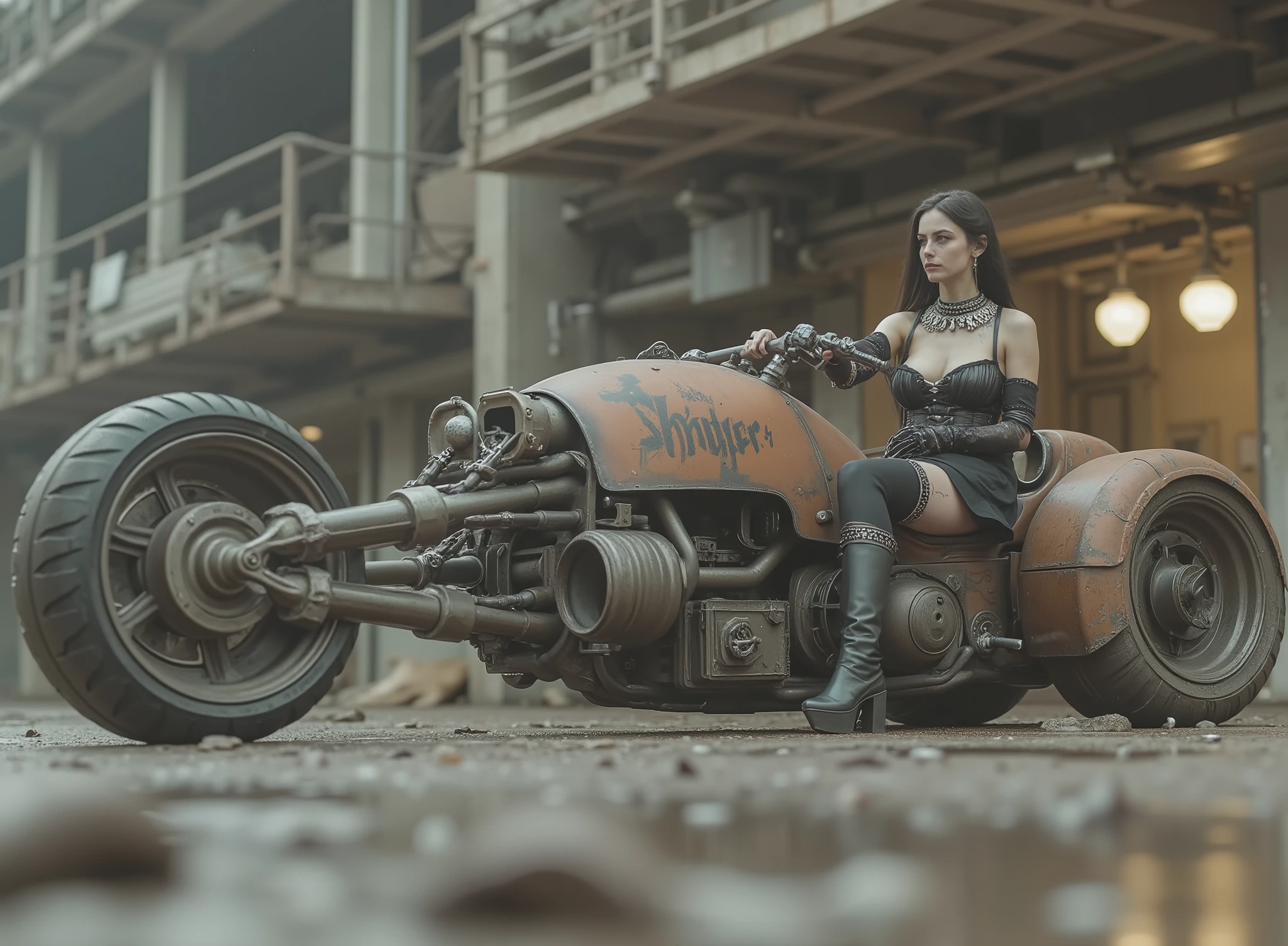 The image shows a desolate stage with a Renegade Princess, and taking the handlebars to adapt to the speed on a uniquely designed motorcycle that embodies a steampunk or post-apocalyptic aesthetic. The motorcycle is sturdy, has only 2 sturdy all-terrain wheels, with a mix of exposed mechanical components, are evident such as large barrels and intricate pipes,  with a worn palette of rusty colors and graffiti that hint at its robust durability. the renegade princess, dressed in a striking black gothic dress with corset, straps and chains as well as punk jewelry and industrial calf-length boots, radiates confidence with her miniskirt. Her outfit suggests a rebellious and daring style wearing lots of punk silver jewelry and showing off her Aztec tattoos, to complement the intense environment. The dark, desolate and deserted industrial background,  which contrasts with the elegance of the motorcycle. The ground is wet, possibly due to the recent rain, that reflects light weight and that contributes to changing environment of the scene. Elements of dirt and decay are evident, but the composition retains a sense of dynamic action and adventure.