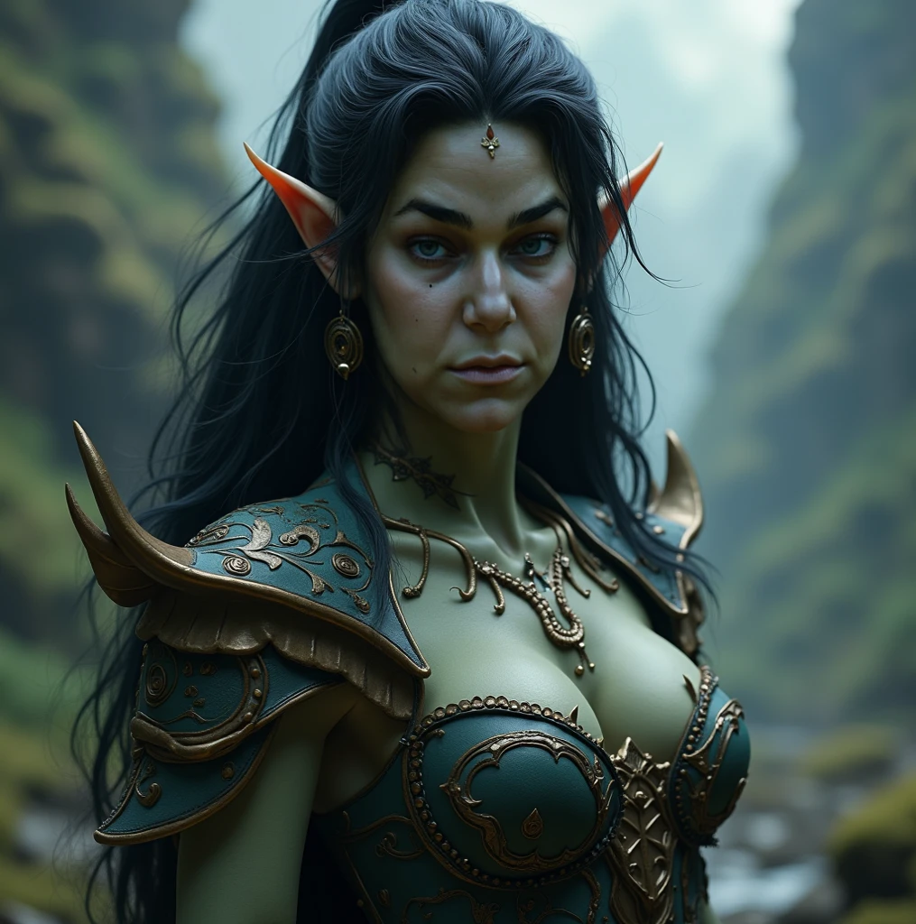 a female half-orc shaman in a cave at night, volumetrics, close up