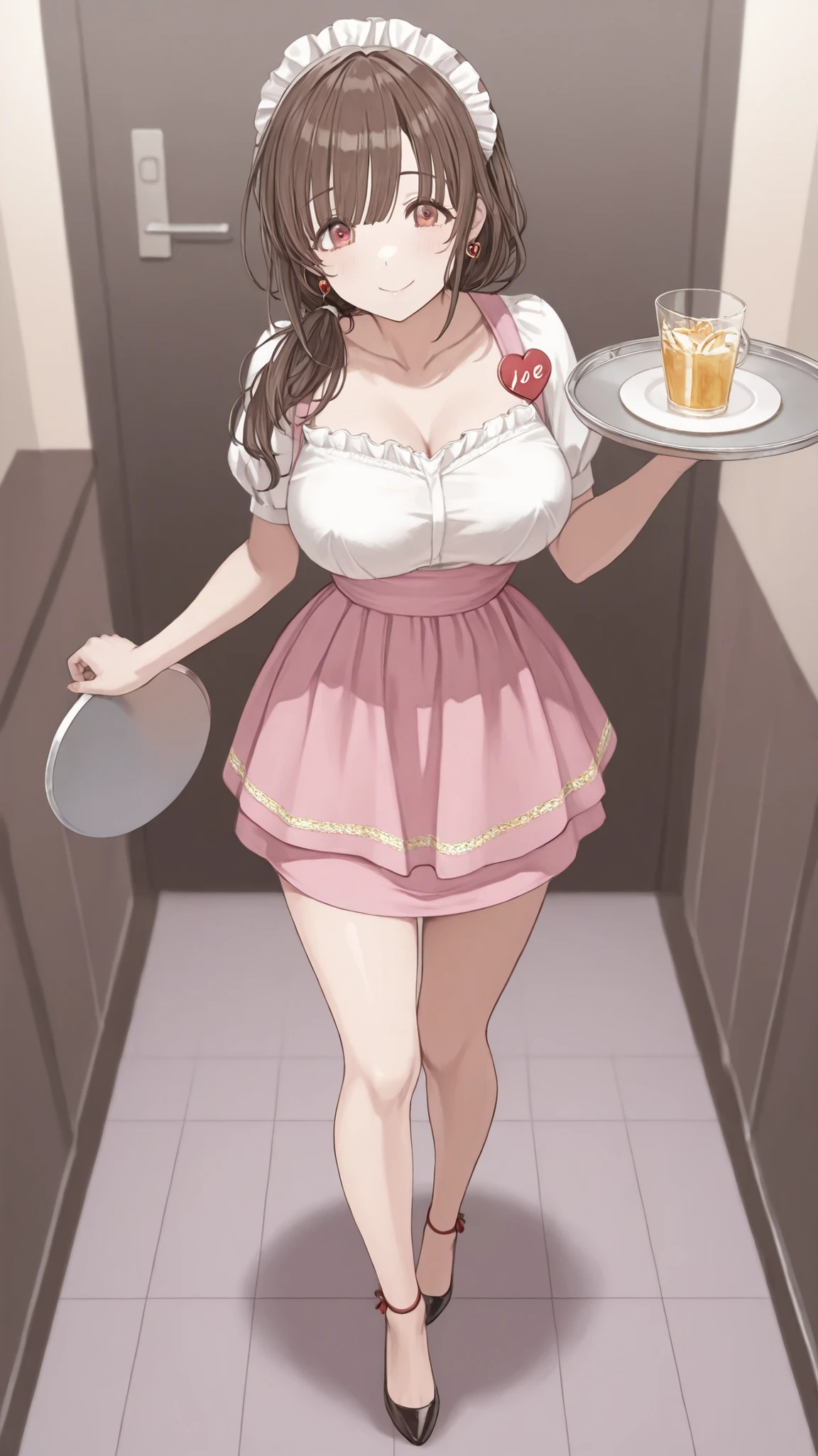 Mature Woman女性, Housewife, she closes her mouth、smile gently,full body,kind eyes, brown hair, low long hair, pink waitress costume__ very short skirt ,Open your thighs slightly and crouch down、is on one knee,the white lace panties are visible,black high heels,anklet,Ring with the ring finger of his left hand,heart earrings, Disconnect, Mature Woman, soft light at a mental hospital, more information, Highest Quality, BIG BREASTS,beautiful breasts, erectile nipples,Sexy Valley,seductive thighs on a tray on her right hand,, I use a menu board to address customers,Many kinky male customers look at their panties and smile with excitement