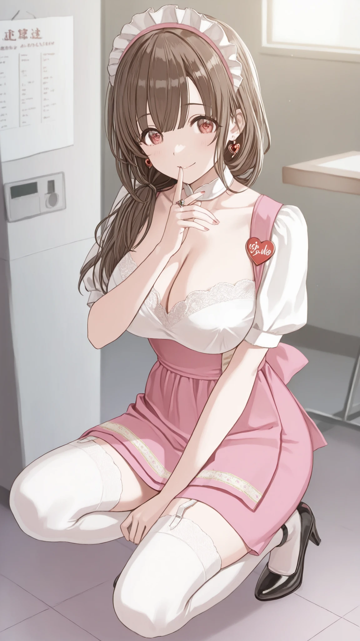 Mature Woman女性, Housewife, she closes her mouth、smile gently,full body,kind eyes, brown hair, low long hair, pink waitress costume__ very short skirt ,Open your thighs slightly and crouch down、is on one knee,the white lace panties are visible,black high heels,anklet,Ring with the ring finger of his left hand,heart earrings, Disconnect, Mature Woman, soft light at a mental hospital, more information, Highest Quality, BIG BREASTS,beautiful breasts, erectile nipples,Sexy Valley,seductive thighs on a tray on her right hand,, I use a menu board to address customers,Many kinky male customers look at their panties and smile with excitement