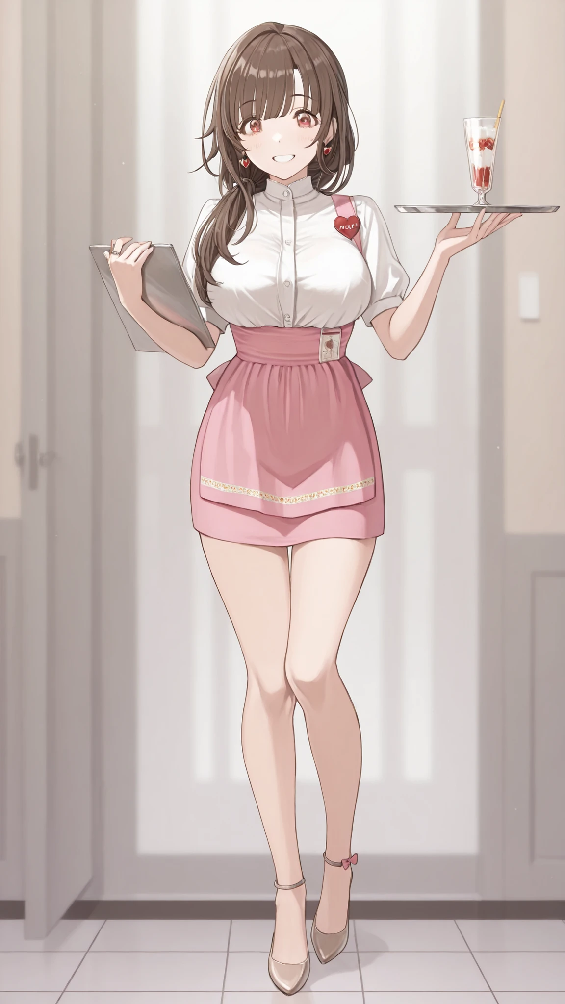 Mature Woman女性, Housewife, she closes her mouth、smile gently,full body,kind eyes, brown hair, low long hair, pink waitress costume__ very short skirt ,Open your thighs slightly and crouch down、is on one knee,the white lace panties are visible,black high heels,anklet,Ring with the ring finger of his left hand,heart earrings, Disconnect, Mature Woman, soft light at a mental hospital, more information, Highest Quality, BIG BREASTS,beautiful breasts, erectile nipples,Sexy Valley,seductive thighs on a tray on her right hand,, I use a menu board to address customers,Many kinky male customers look at their panties and smile with excitement