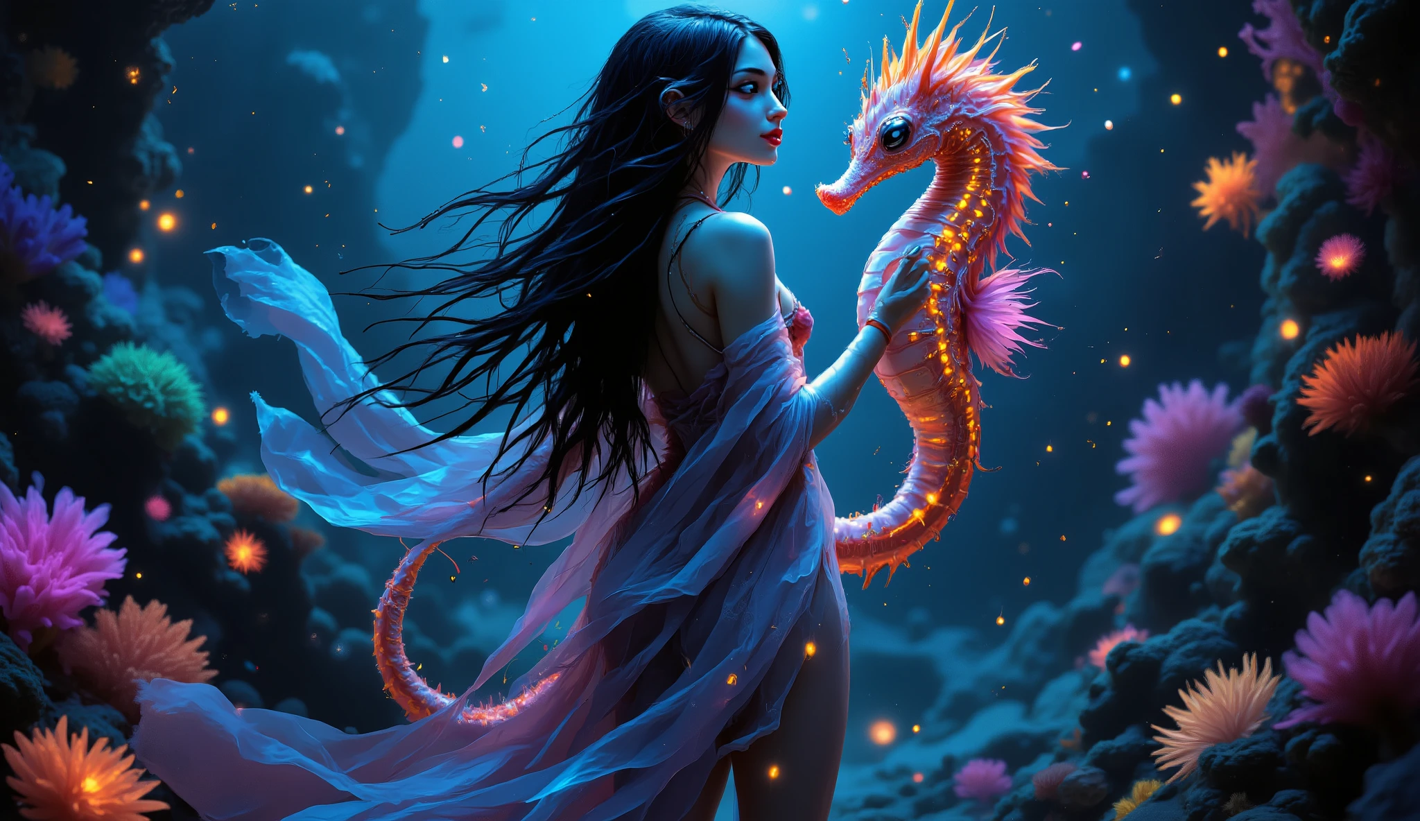 beautiful girl with long black hair with lipstick on her mouth and colored veiled costumes that flow under the ocean water filled with colorful corals and anemones, with luminescent and bioilluminescent sparkles. the beautiful girl is riding a huge seahorse of bright and fluorescent colors