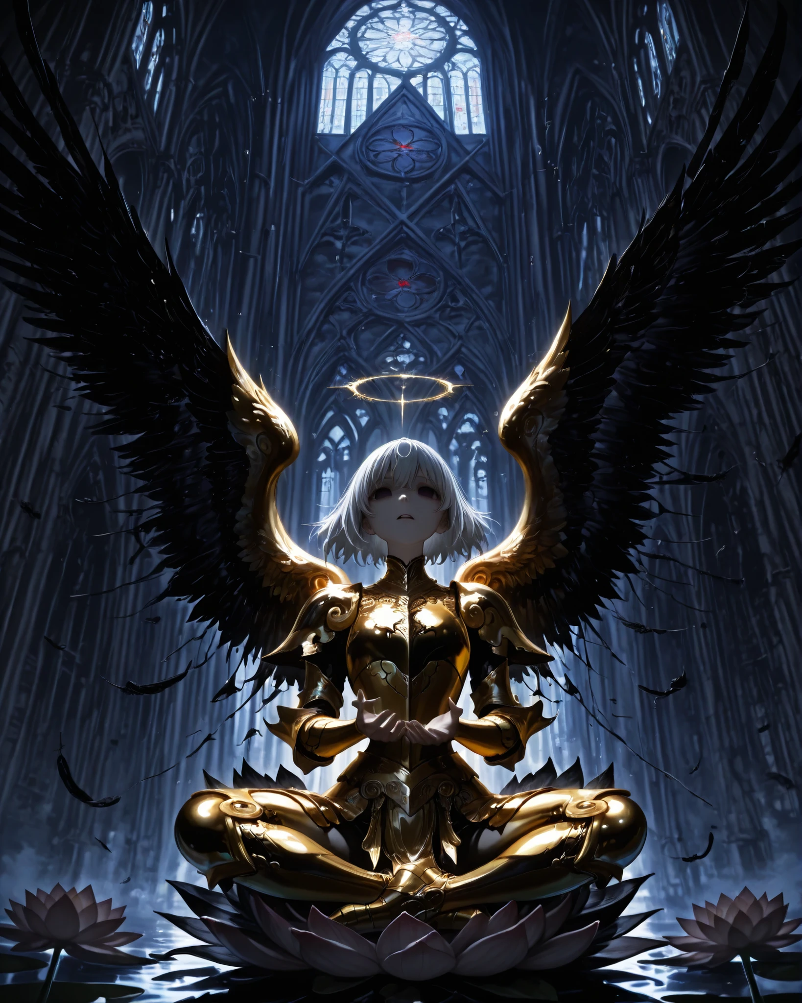 front angle, (masterpiece, best quality, 4k, anime illustration, dark fantasy, horror, cinematic lighting), {1woman}:(a serene but terrifying woman, empty eyes, with short silver hair, golden armor with angelic wings corrupted into shadowy black feathers, in a lotus position, with her hands as if she were meditating floating above a ruined cathedral), perfect lighting, dynamic shadows