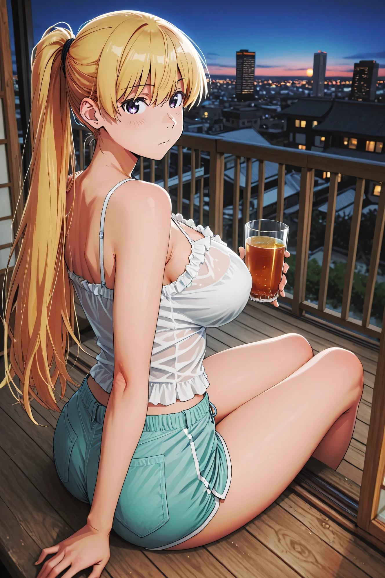 Arato Nagi,Highest Quality、high image quality、big boobs、masterpiece、Evening sky、end of summer、(A girl cooling down at night on the veranda where a cool breeze blows through:1.3)、Throw your legs out lightly、Sitting on a veranda chair or rug like a veranda、In the back, a view of a city building or residential area illuminated by the sunset、A thin chiffon blouse and frill camisole、soft-colored shorts、with semi-long hair up to the shoulder、loosely wrapped ponytail、Ice on the glass cup placed next to it Barley tea or lemonade、The faint light of the sunset hits her cheeks、end of summerの切なさと安らぎを感じさせる、cute