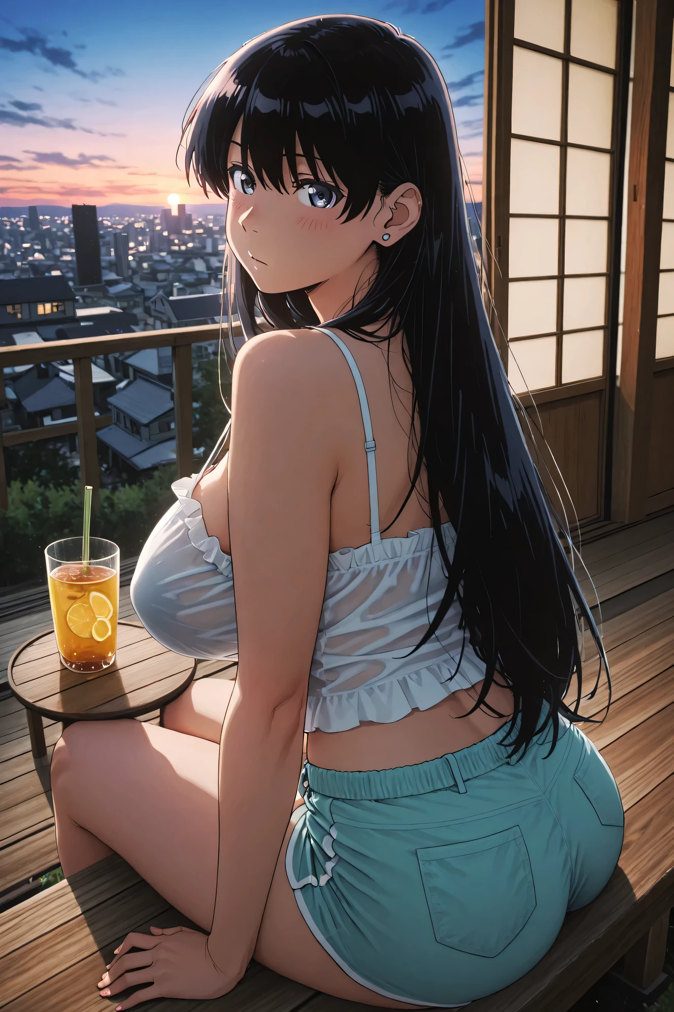 Arato Nagi,Highest Quality、high image quality、big boobs、masterpiece、long black hair、Evening sky、end of summer、(A girl cooling down at night on the veranda where a cool breeze blows through:1.3)、Throw your legs out lightly、Sitting on a veranda chair or rug like a veranda、In the back, a view of a city building or residential area illuminated by the sunset、A thin chiffon blouse and frill camisole、soft-colored shorts、Ice on the glass cup placed next to it Barley tea or lemonade、The faint light of the sunset hits her cheeks、end of summerの切なさと安らぎを感じさせる、cute