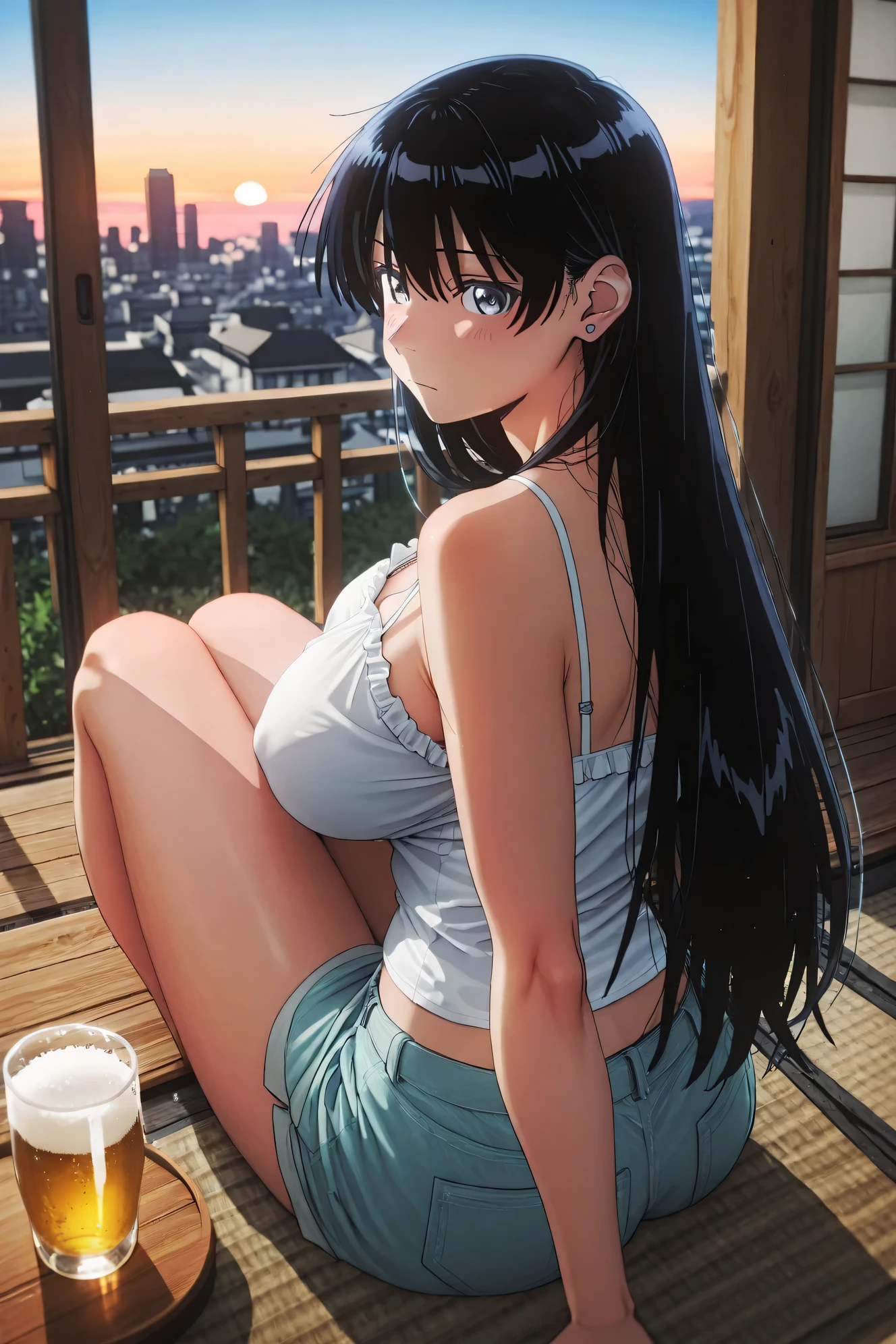 Arato Nagi,Highest Quality、high image quality、big boobs、masterpiece、long black hair、Evening sky、end of summer、(A girl cooling down at night on the veranda where a cool breeze blows through:1.3)、Throw your legs out lightly、Sitting on a veranda chair or rug like a veranda、In the back, a view of a city building or residential area illuminated by the sunset、A thin chiffon blouse and frill camisole、soft-colored shorts、Beer in a glass cup placed on the side、The faint light of the sunset hits her cheeks、end of summerの切なさと安らぎを感じさせる、cute