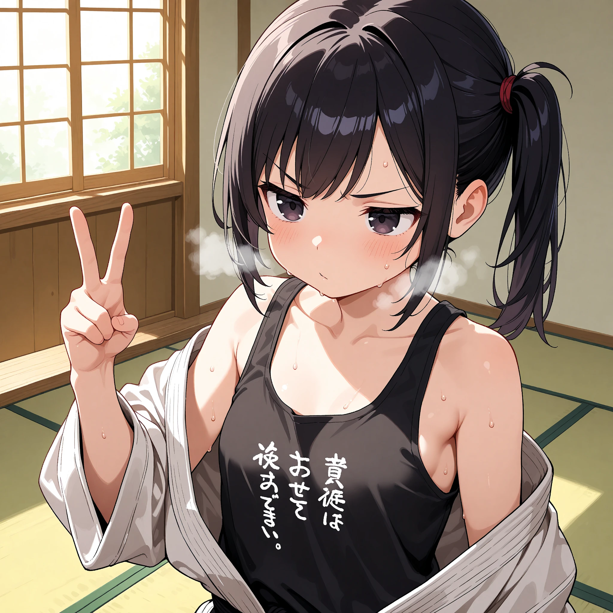 1girl, (masterpiece:1.3), (high resolution), (8K), (extremely detailed), (4k), (pixiv), perfect face, nice eyes and face, (best quality), (super detailed), detailed face and eyes, (solo), textured skin, absurdres, highres, wzkomachine, white eyes, large breasts, sash, bike shorts, short sleeves, bangs, black gloves, fingerless gloves, long hair, black hair,ponytail, japanese clothes, kimono, sitting on floor, looking at viewer, exposure,Sexy, flirtatious, Solitary, Side breast,eternity, - Hip vents, ,Small Breasts, No eyeballs, Also available in black, low twin braids,Facing the audience, looking at the audience, tired, from below, ( armpit:1.1), ((armpit:1.2)), sexy, Sweating, More and more sweat,(), (Roll your eyes), Naughty face, blush, open mouth, Sticking out tongue, saliva, Slobber,Skinny, raise arms, (arms above head:1.5)