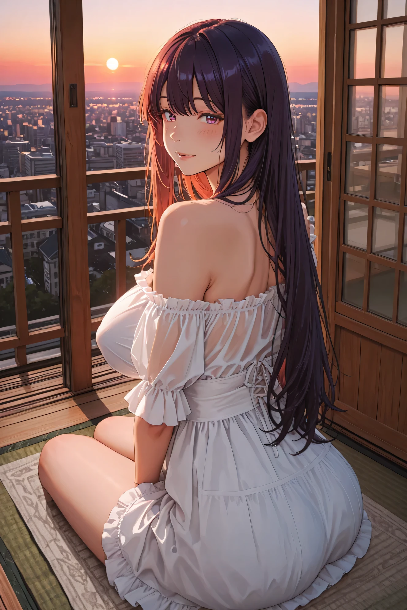 Highest Quality、big boobs、Evening sky、end of summer、(girl cooling off the evening on the veranda:1.3)、Sitting on a veranda chair or rug like a veranda、In the back, a view of a city building or residential area illuminated by the sunset、off-the-shoulder summer dress with frills on a white thin chiffon blouse、Beer placed on the side、Subtle Sunset Light、end of summerの切なさと安らぎを感じさせる、beautiful