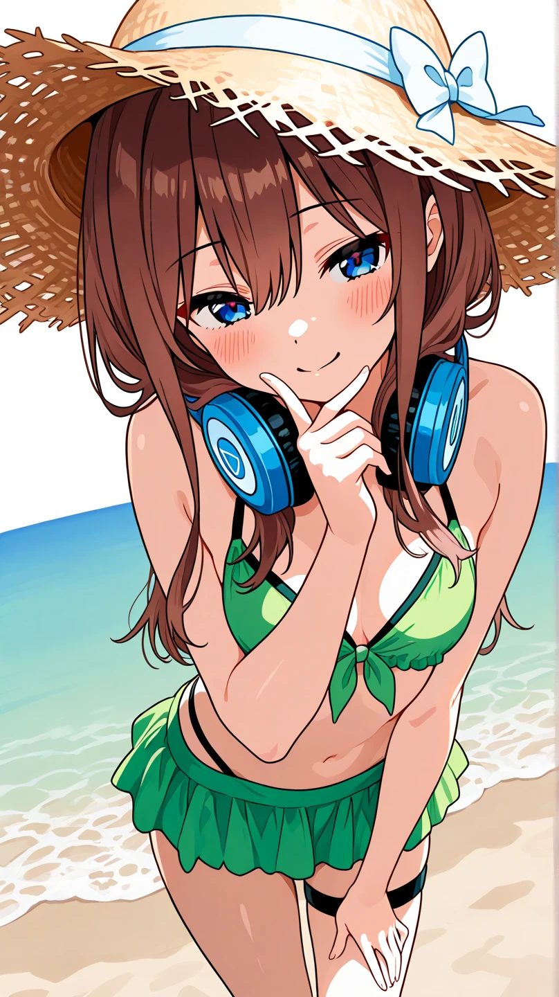 (masterpiece, high quality, high res), Nakano Miku (quintessential quintuplets), brown hair, bangs, headphones, running on beach, laughing, natural beauty, beach coast background, full body, revealing ??????, fine ?????, gorgeous feminine body, mature look, anime version, extremely detailed, UHD, 4k, 8k, award-winning, sharp focus, anime version, detailed face