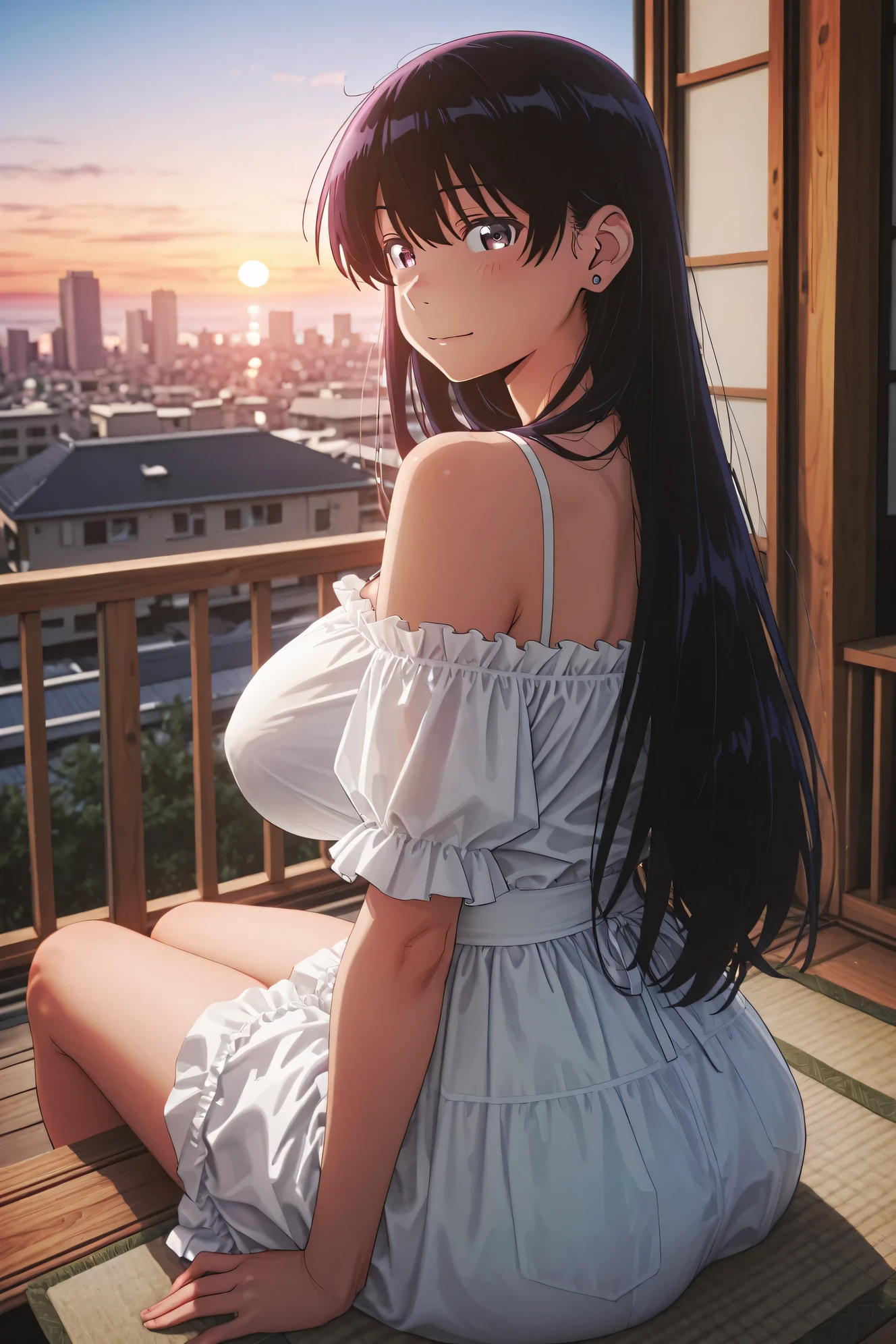 Arato Nagi,Highest Quality、big boobs、Evening sky、end of summer、(girl cooling off the evening on the veranda:1.3)、Sitting on a veranda chair or rug like a veranda、In the back, a view of a city building or residential area illuminated by the sunset、off-the-shoulder summer dress with frills on a white thin chiffon blouse、Beer placed on the side、Subtle Sunset Light、end of summerの切なさと安らぎを感じさせる、beautiful