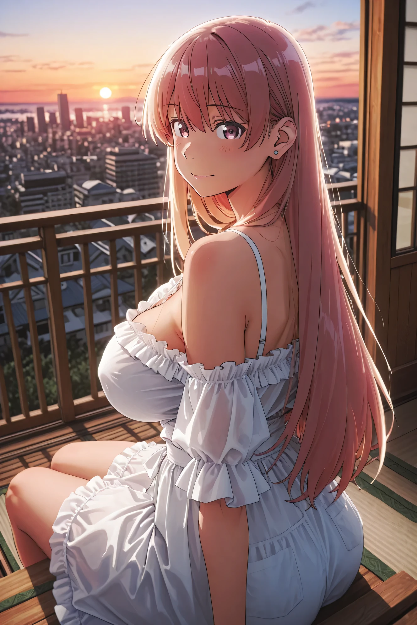Arato Nagi,Highest Quality、big boobs、Evening sky、end of summer、(girl cooling off the evening on the veranda:1.3)、Sitting on a veranda chair or rug like a veranda、In the back, a view of a city building or residential area illuminated by the sunset、off-the-shoulder summer dress with frills on a white thin chiffon blouse、Beer placed on the side、Subtle Sunset Light、end of summerの切なさと安らぎを感じさせる、beautiful